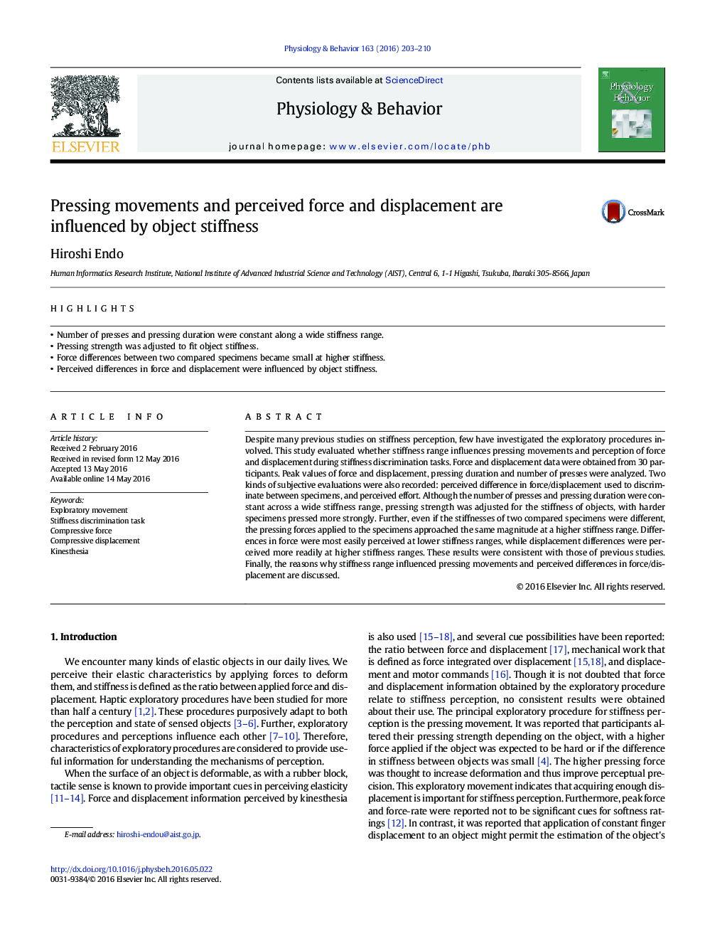 Pressing movements and perceived force and displacement are influenced by object stiffness