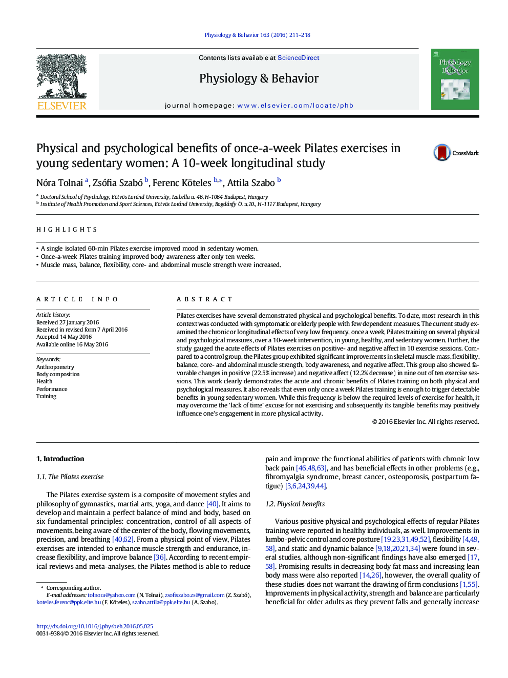 Physical and psychological benefits of once-a-week Pilates exercises in young sedentary women: A 10-week longitudinal study