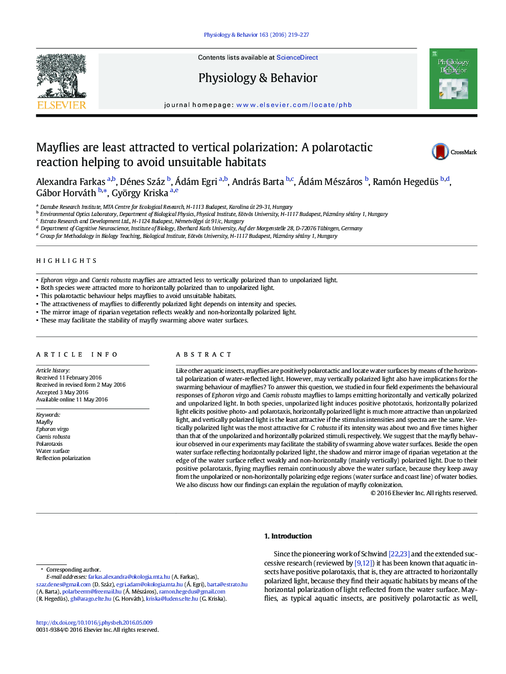 Mayflies are least attracted to vertical polarization: A polarotactic reaction helping to avoid unsuitable habitats