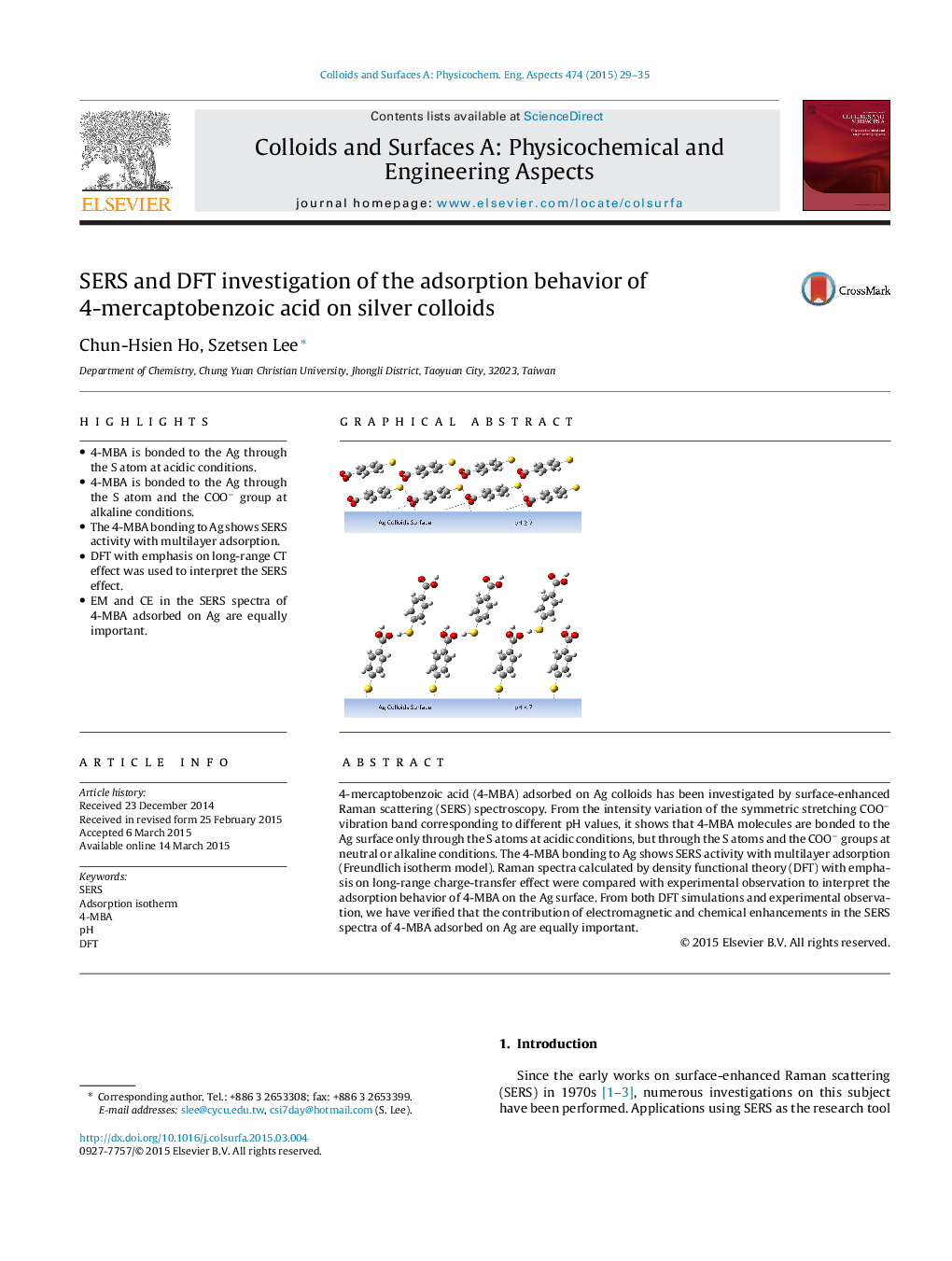 SERS and DFT investigation of the adsorption behavior of 4-mercaptobenzoic acid on silver colloids