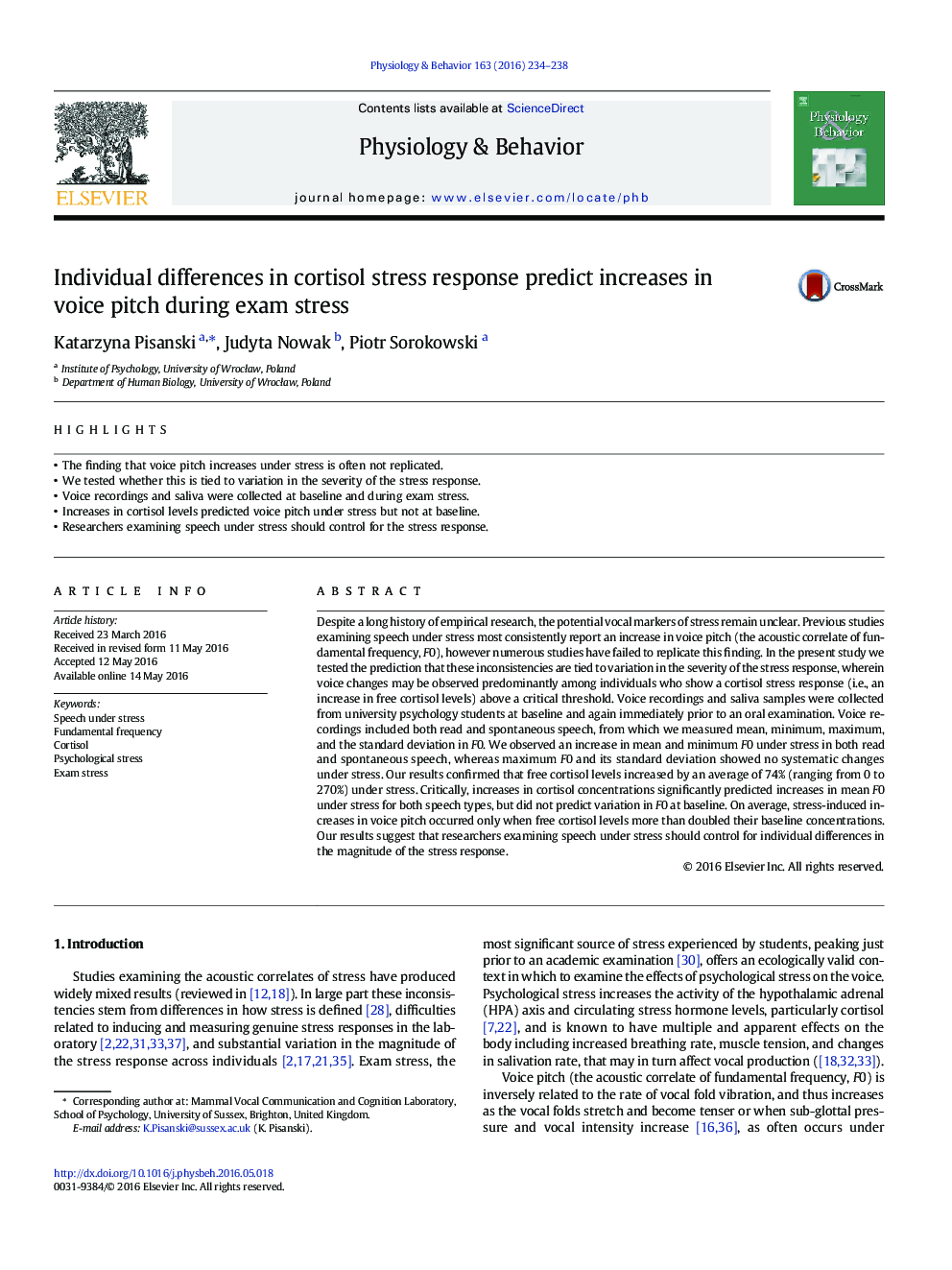 Individual differences in cortisol stress response predict increases in voice pitch during exam stress