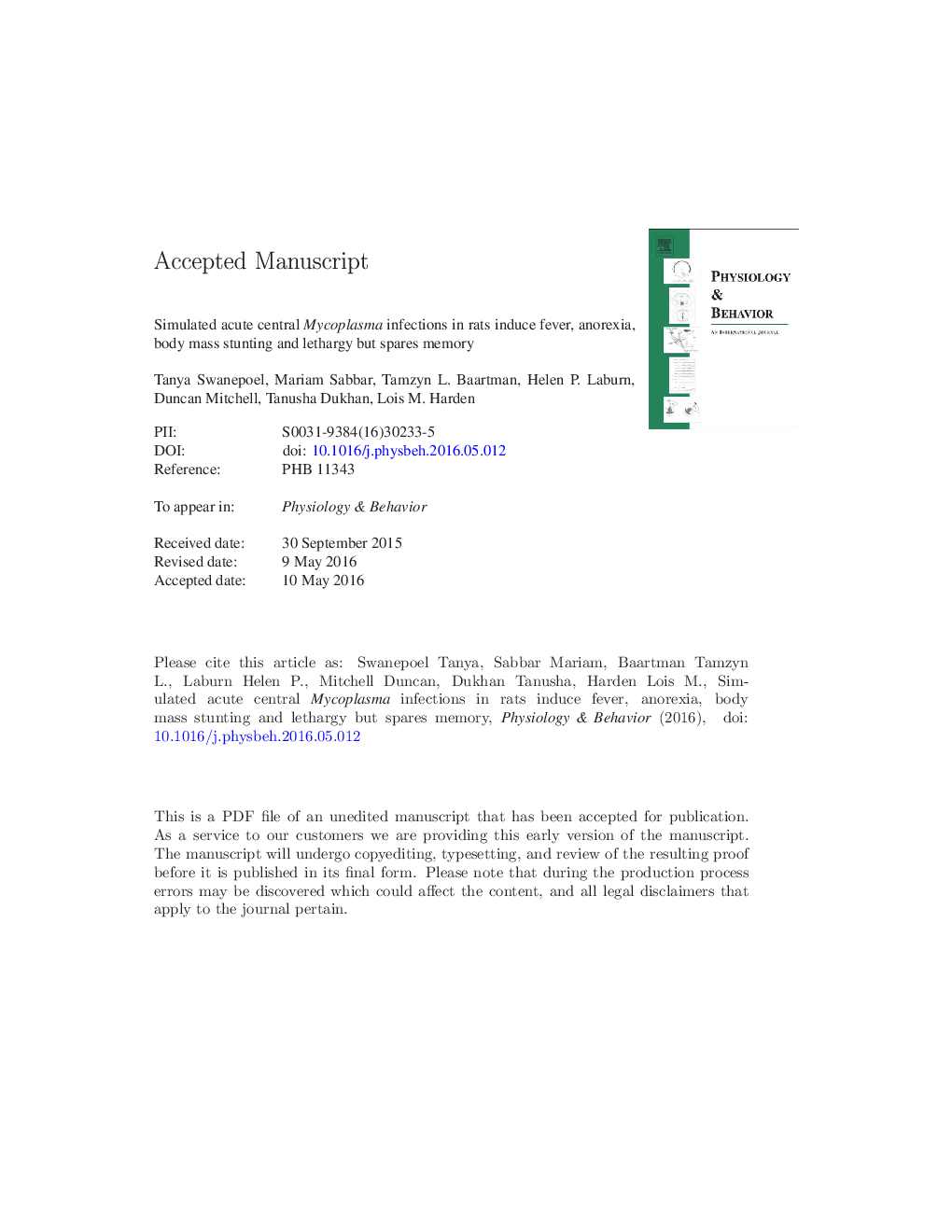 Simulated acute central Mycoplasma infections in rats induce fever, anorexia, body mass stunting and lethargy but spare memory