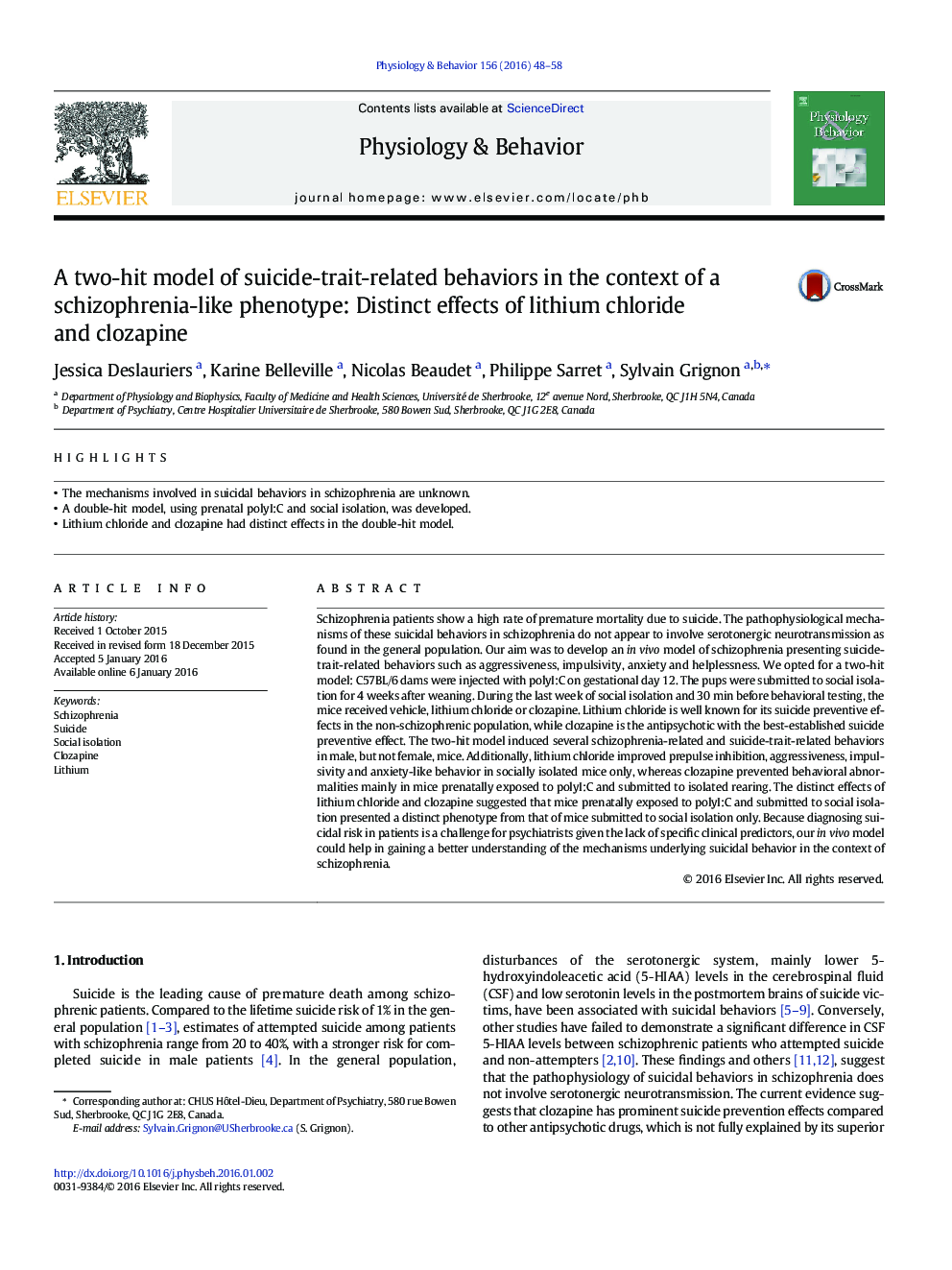 یک مدل دو نفره رفتارهای مرتبط با خودکشی در زمینه فنوتیپ شبیه به اسکیزوفرنی: اثرات متمایز لیتیم کلرید و کلوزاپین 
