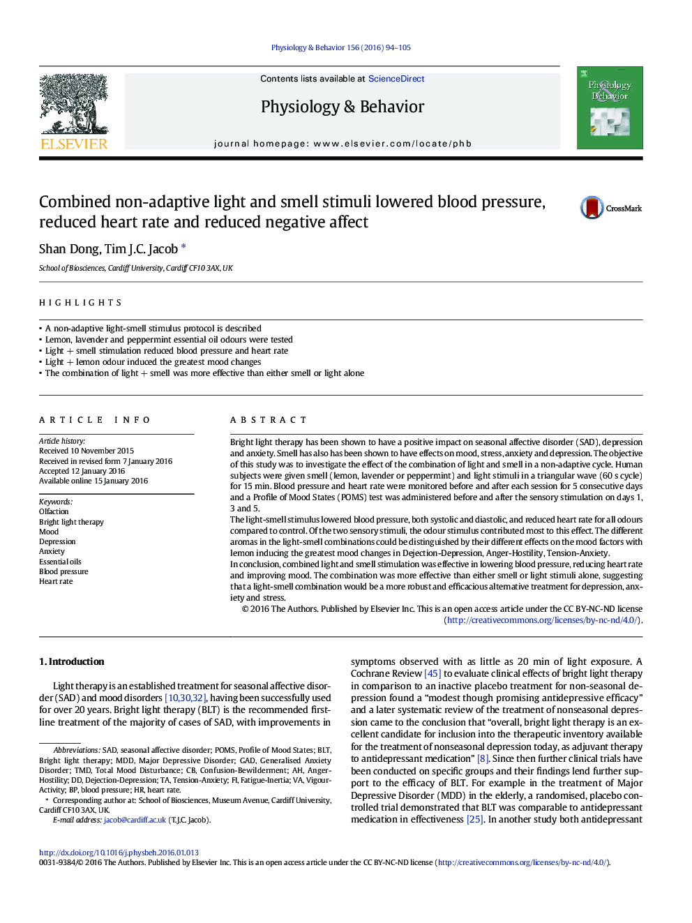 Combined non-adaptive light and smell stimuli lowered blood pressure, reduced heart rate and reduced negative affect