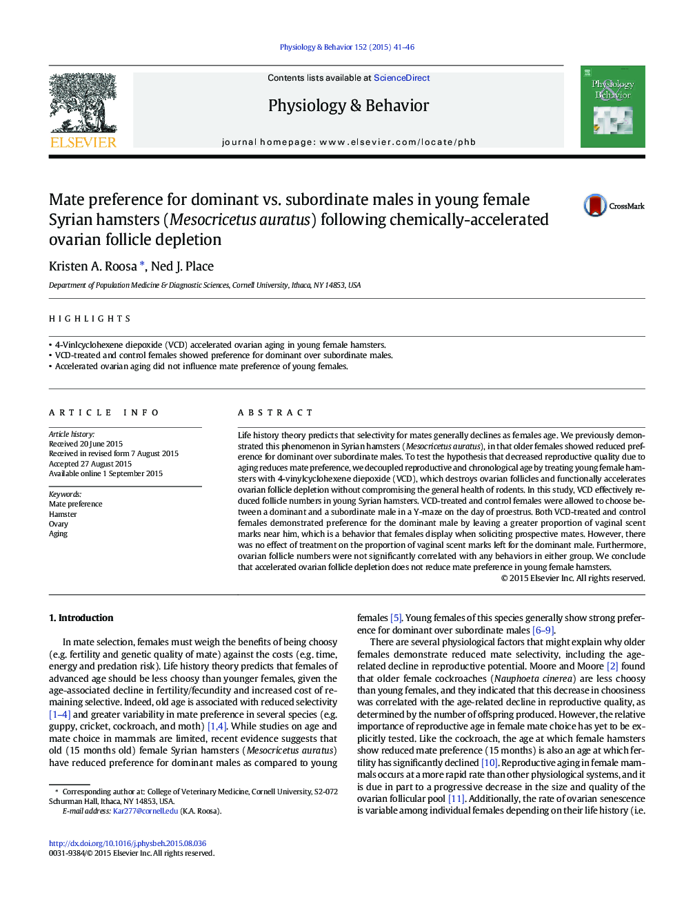 Mate preference for dominant vs. subordinate males in young female Syrian hamsters (Mesocricetus auratus) following chemically-accelerated ovarian follicle depletion