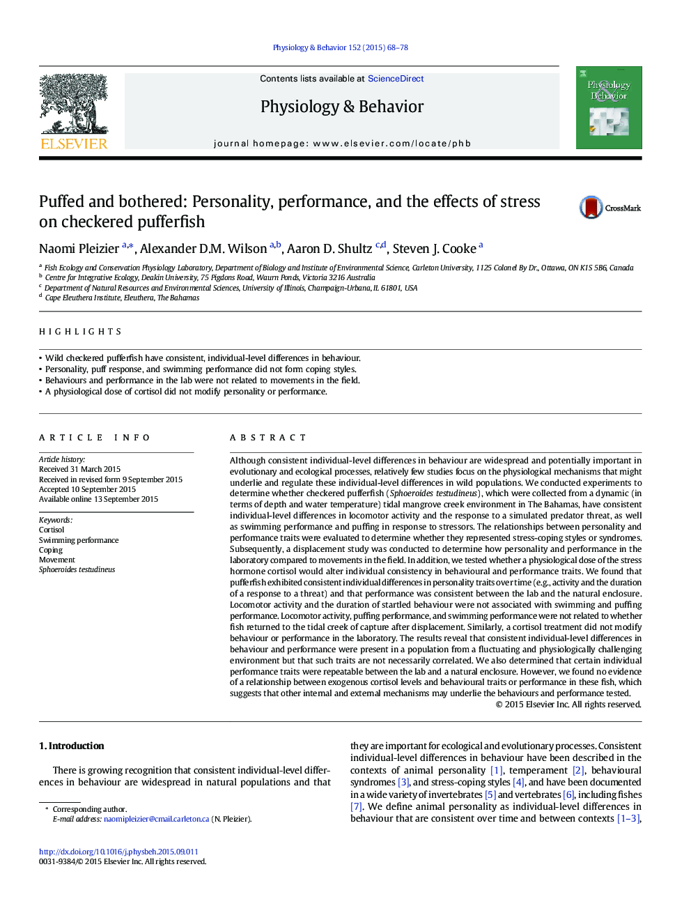 Puffed and bothered: Personality, performance, and the effects of stress on checkered pufferfish