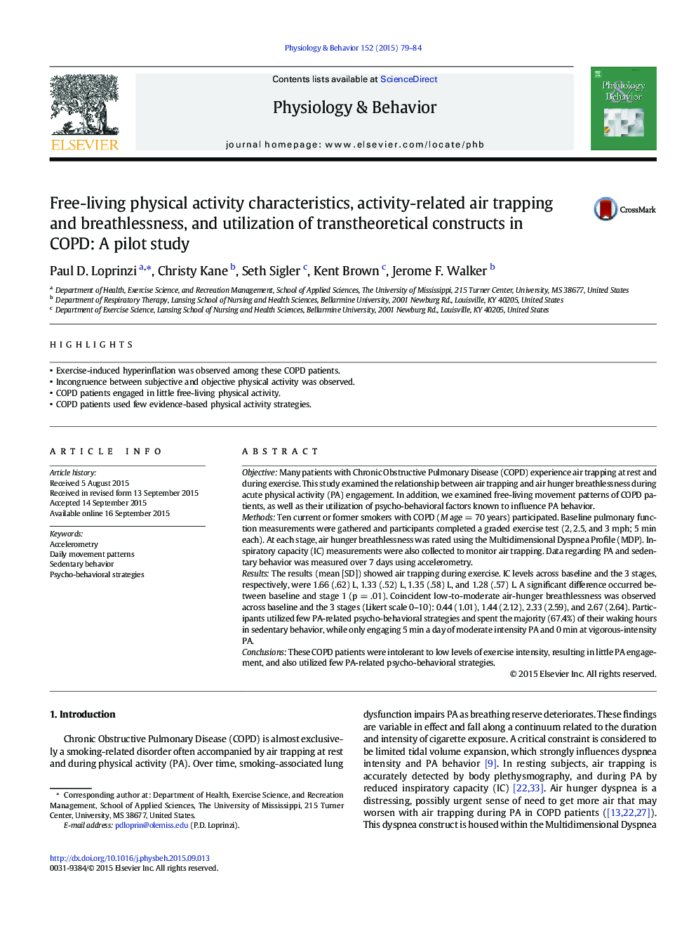 Free-living physical activity characteristics, activity-related air trapping and breathlessness, and utilization of transtheoretical constructs in COPD: A pilot study