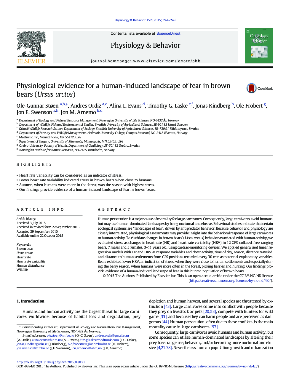 Physiological evidence for a human-induced landscape of fear in brown bears (Ursus arctos)