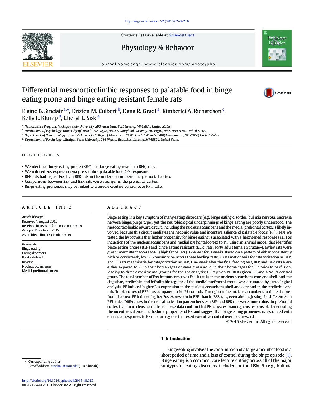 Differential mesocorticolimbic responses to palatable food in binge eating prone and binge eating resistant female rats