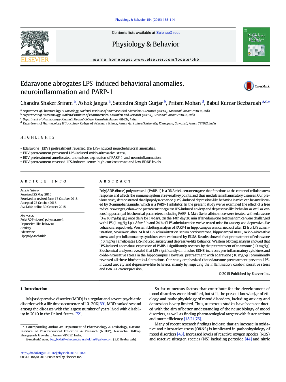 Edaravone abrogates LPS-induced behavioral anomalies, neuroinflammation and PARP-1