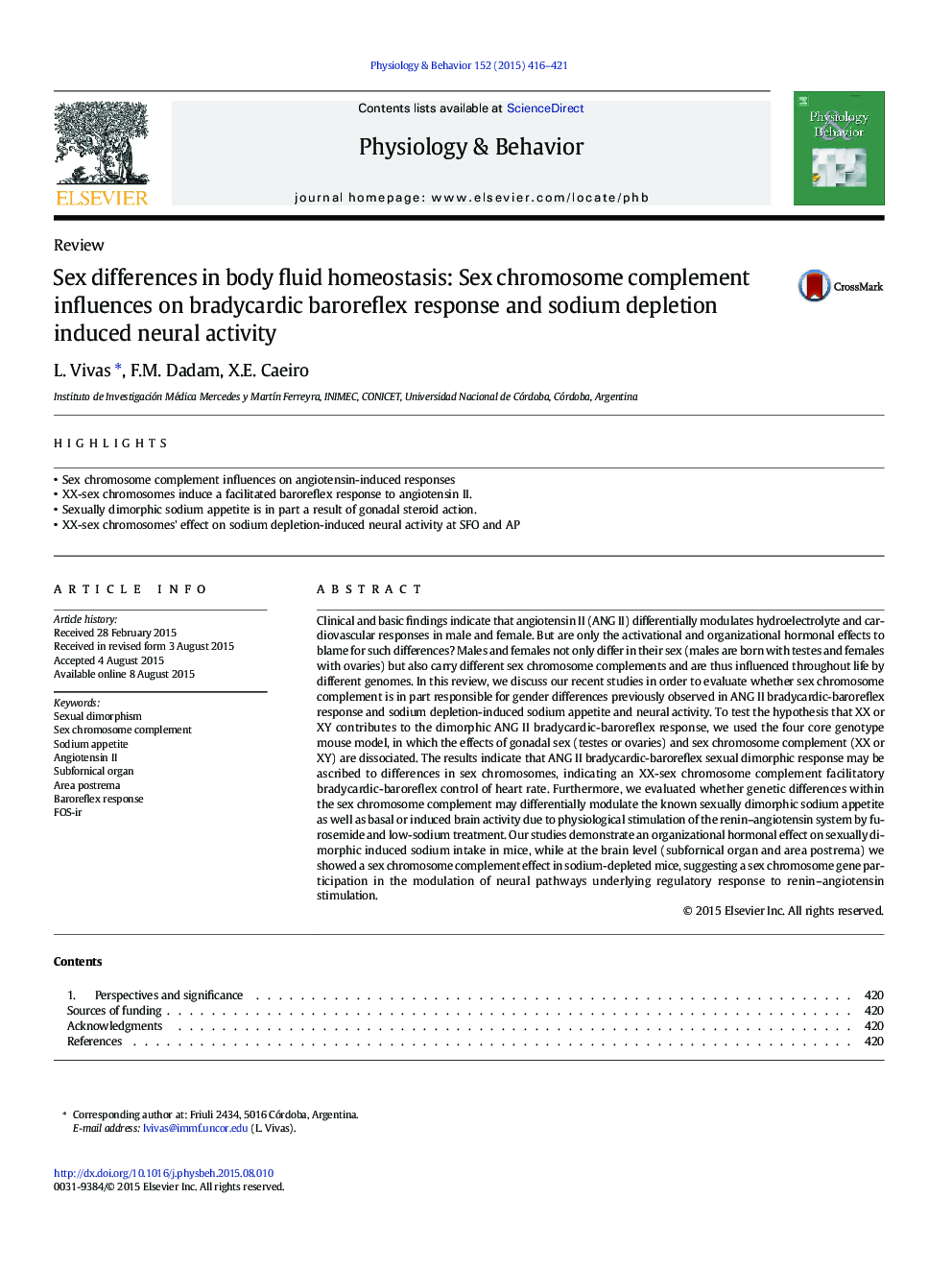 ReviewSex differences in body fluid homeostasis: Sex chromosome complement influences on bradycardic baroreflex response and sodium depletion induced neural activity