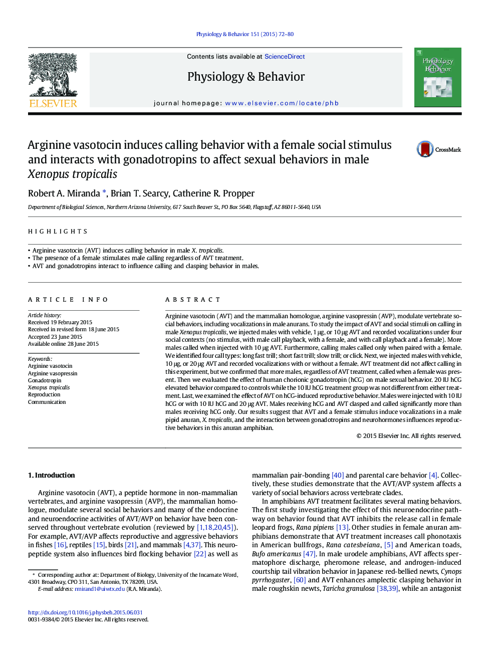 Arginine vasotocin induces calling behavior with a female social stimulus and interacts with gonadotropins to affect sexual behaviors in male Xenopus tropicalis