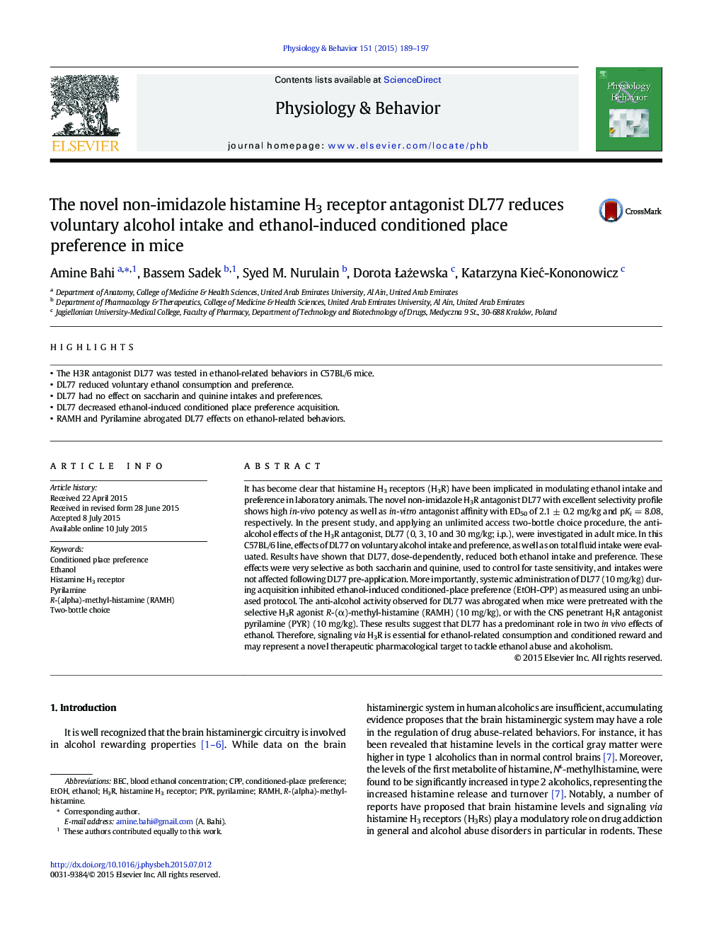 The novel non-imidazole histamine H3 receptor antagonist DL77 reduces voluntary alcohol intake and ethanol-induced conditioned place preference in mice