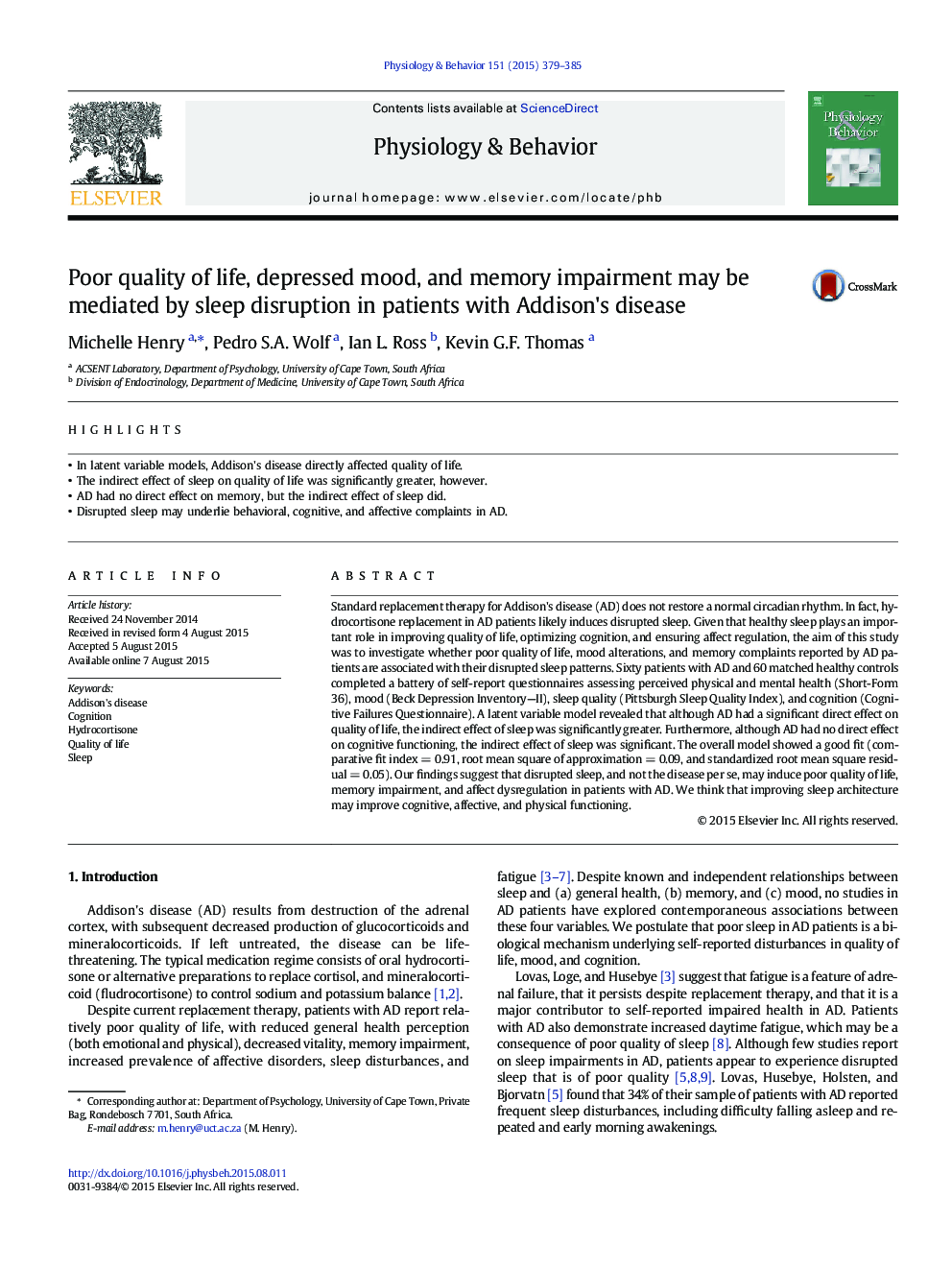 Poor quality of life, depressed mood, and memory impairment may be mediated by sleep disruption in patients with Addison's disease