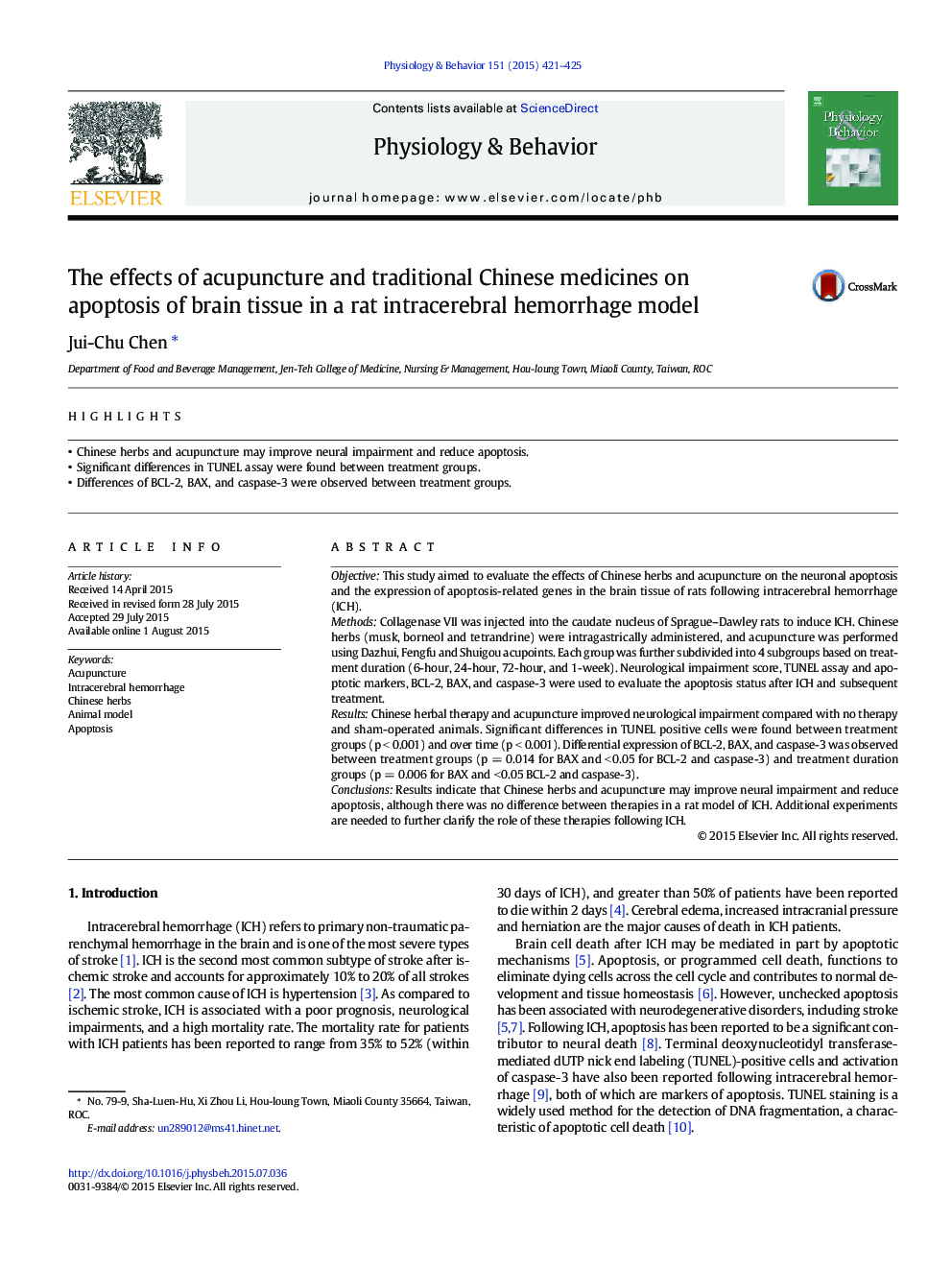 The effects of acupuncture and traditional Chinese medicines on apoptosis of brain tissue in a rat intracerebral hemorrhage model