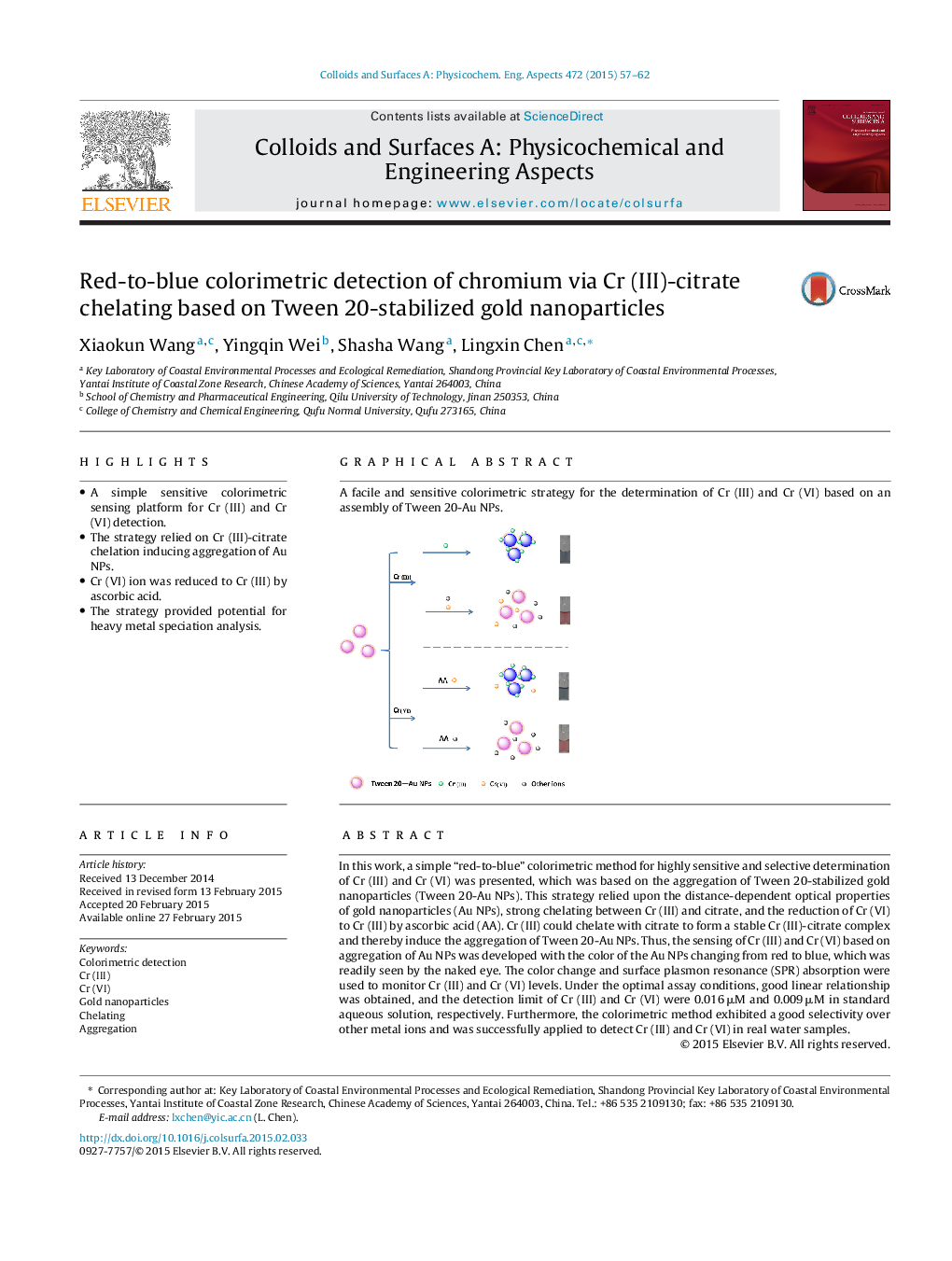 عکس صفحه اول مقاله: Red-to-blue colorimetric detection of chromium via Cr (III)-citrate chelating based on Tween 20-stabilized gold nanoparticles Red-to-blue colorimetric detection of chromium via Cr (III)-citrate chelating based on Tween 20-stabilized gold nanoparticles