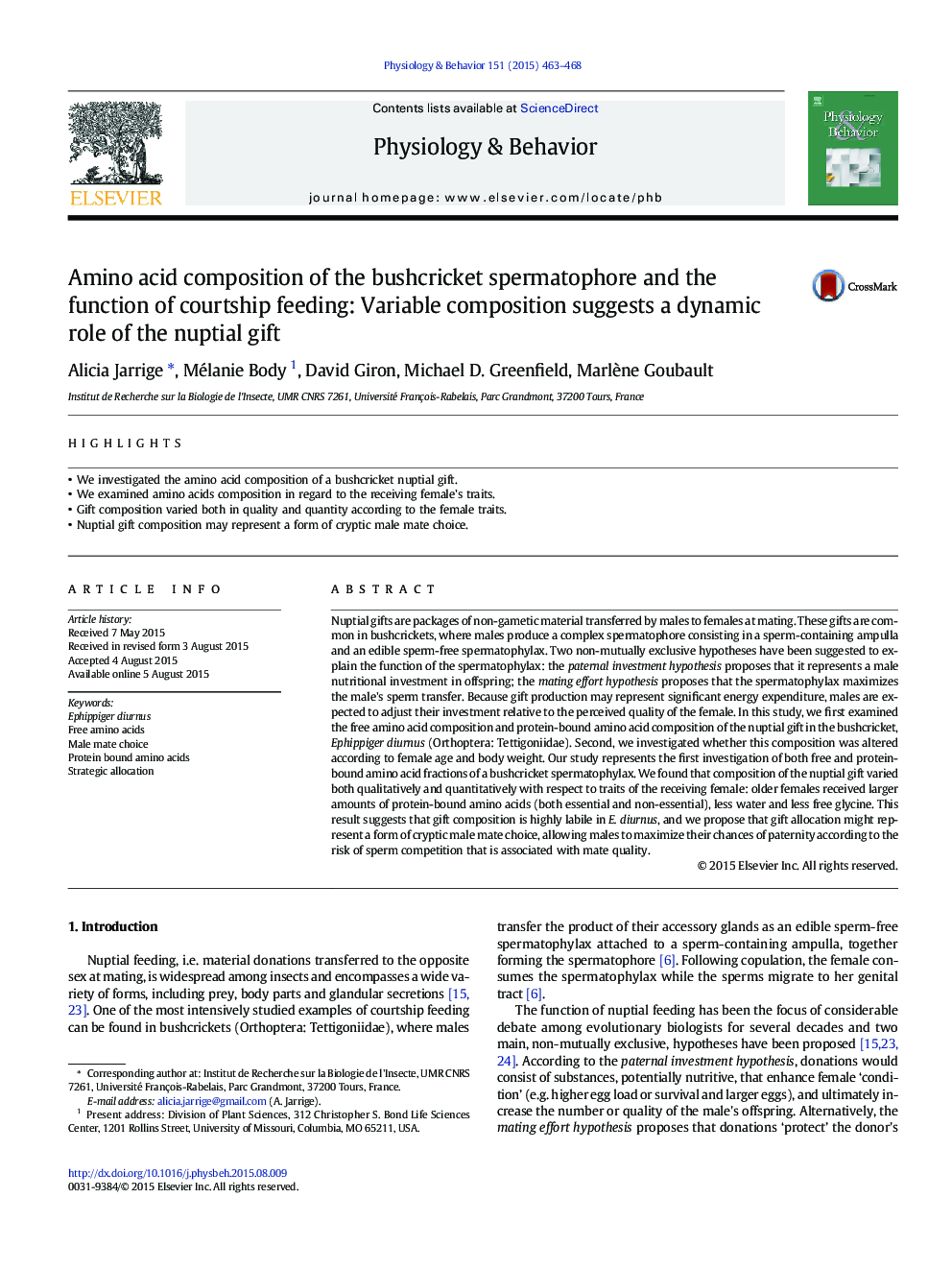 Amino acid composition of the bushcricket spermatophore and the function of courtship feeding: Variable composition suggests a dynamic role of the nuptial gift