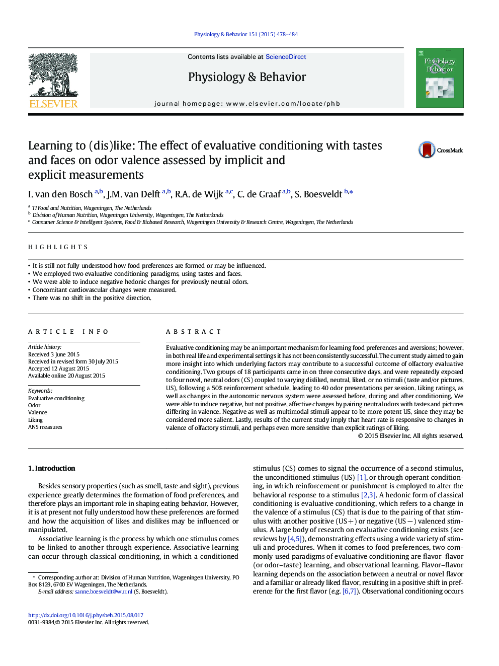 Learning to (dis)like: The effect of evaluative conditioning with tastes and faces on odor valence assessed by implicit and explicit measurements