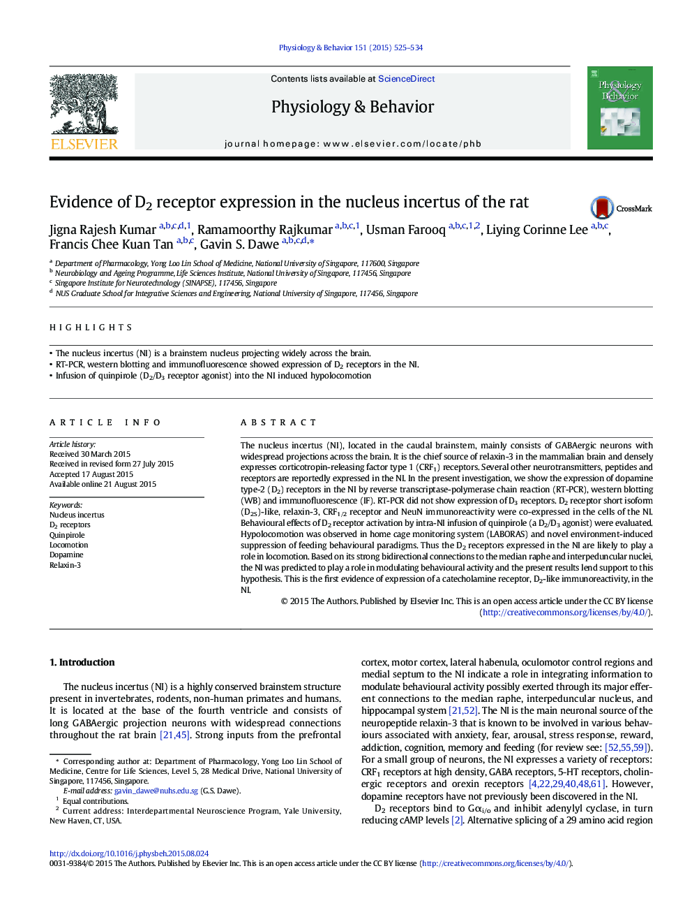 Evidence of D2 receptor expression in the nucleus incertus of the rat