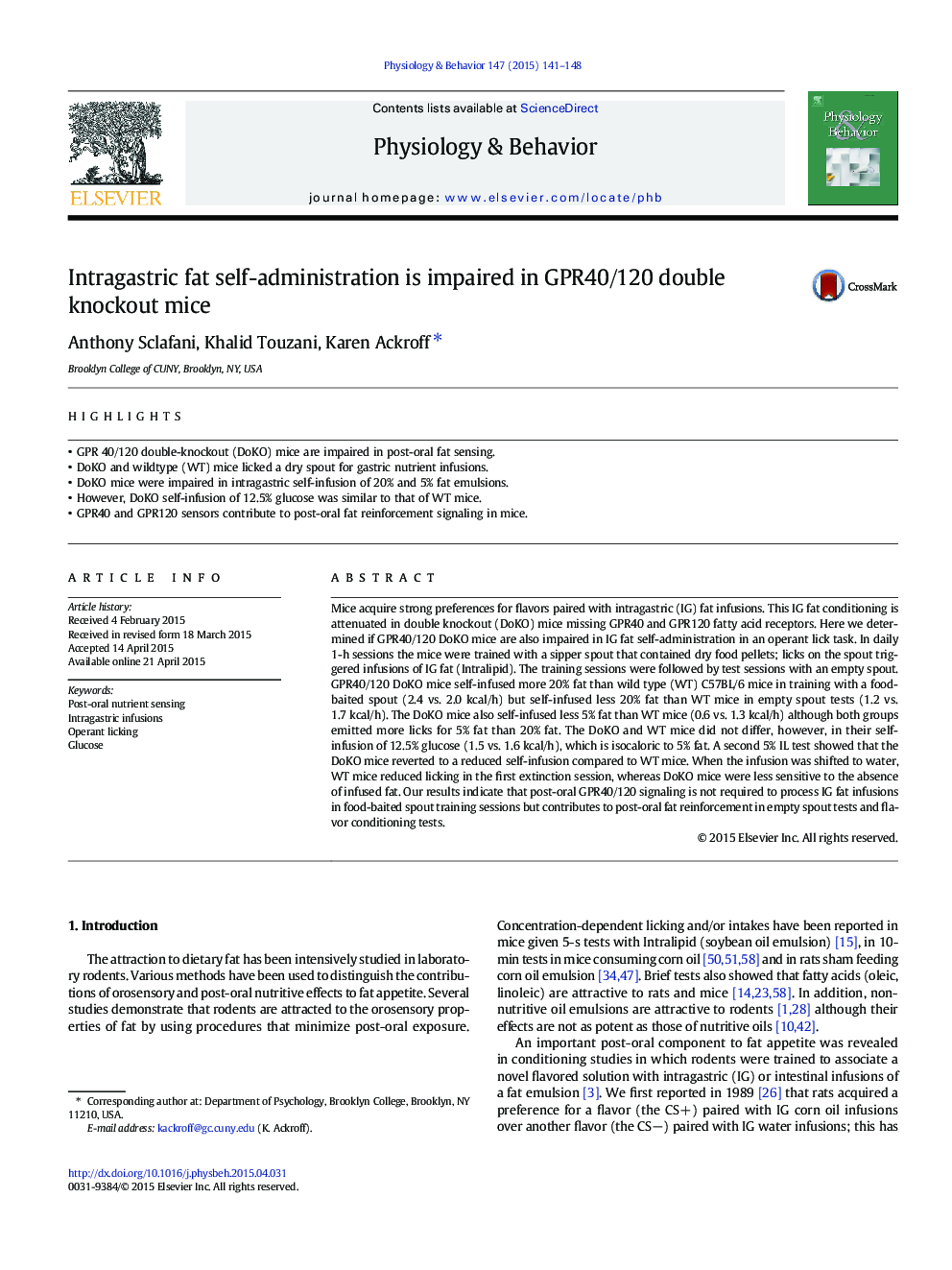 Intragastric fat self-administration is impaired in GPR40/120 double knockout mice