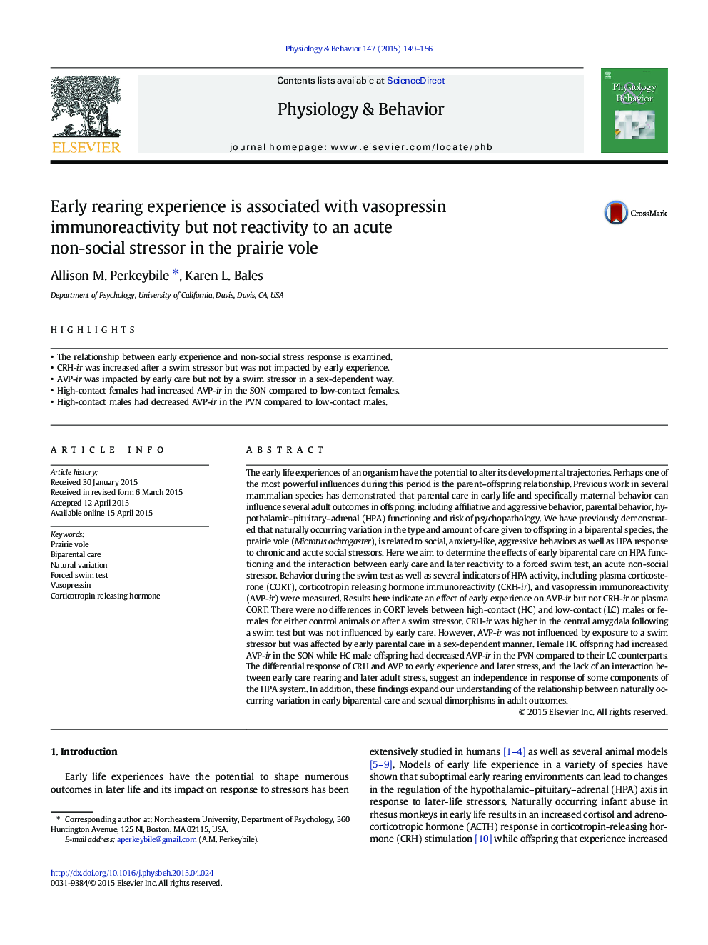 Early rearing experience is associated with vasopressin immunoreactivity but not reactivity to an acute non-social stressor in the prairie vole