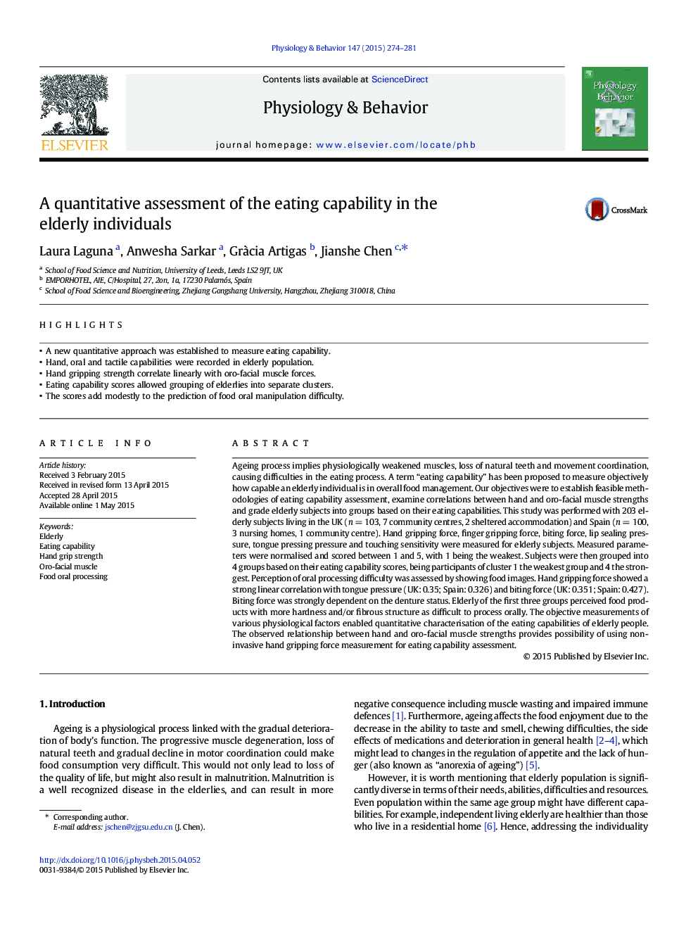 A quantitative assessment of the eating capability in the elderly individuals