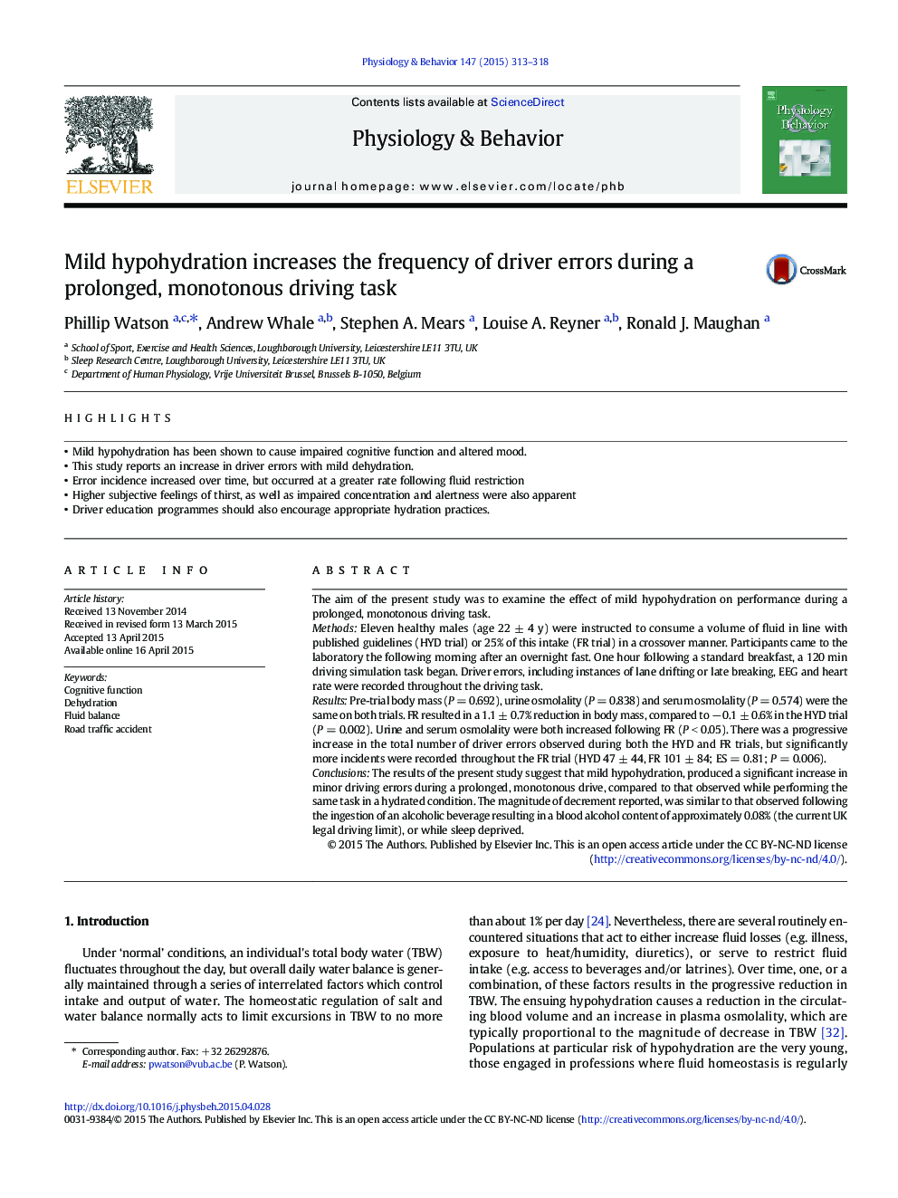 Mild hypohydration increases the frequency of driver errors during a prolonged, monotonous driving task