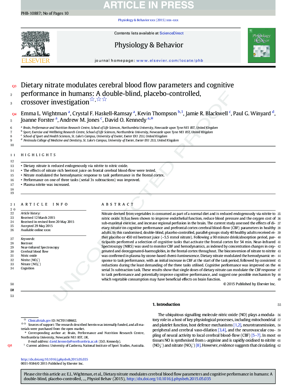 Dietary nitrate modulates cerebral blood flow parameters and cognitive performance in humans: A double-blind, placebo-controlled, crossover investigation