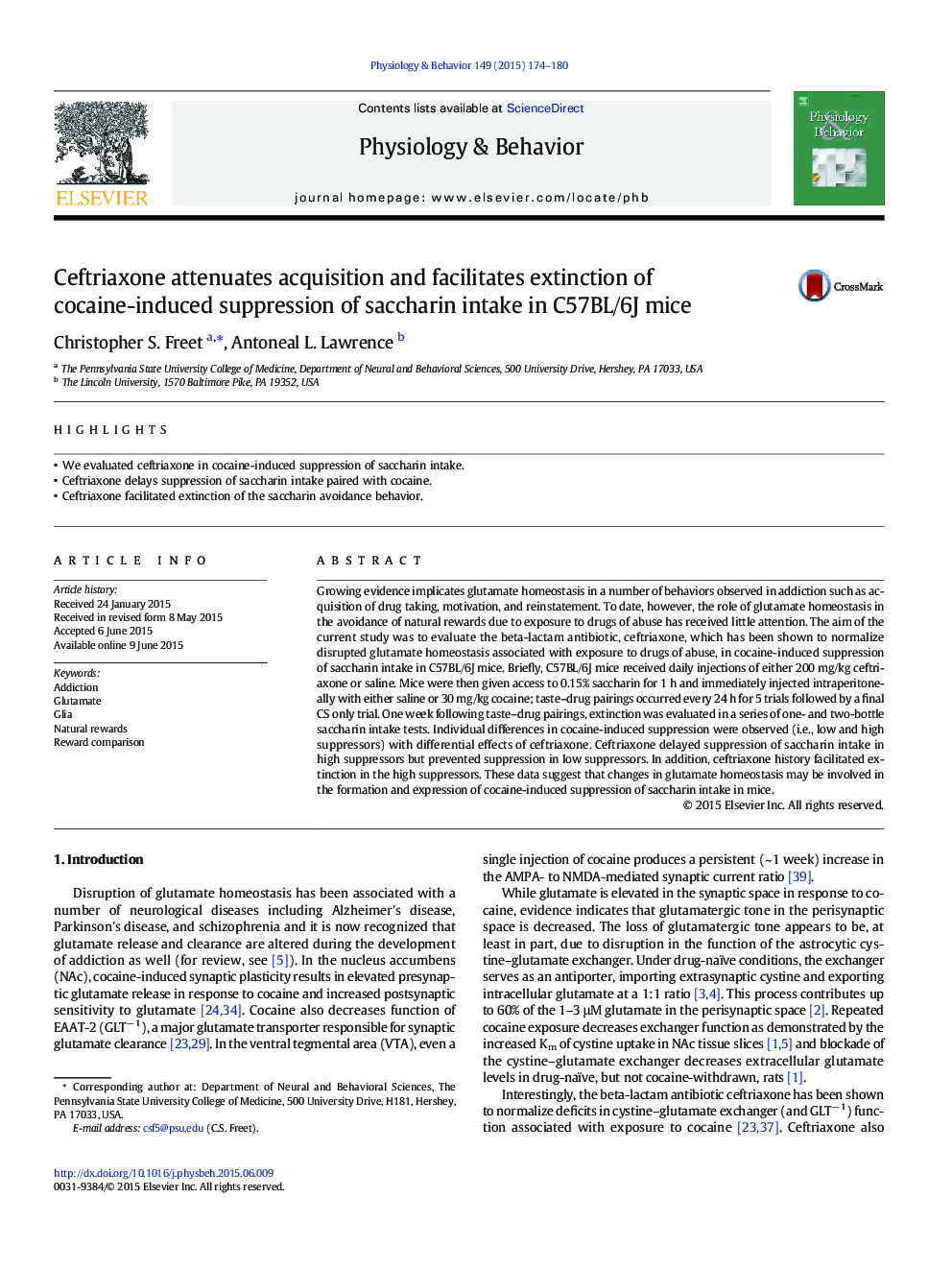 Ceftriaxone attenuates acquisition and facilitates extinction of cocaine-induced suppression of saccharin intake in C57BL/6J mice