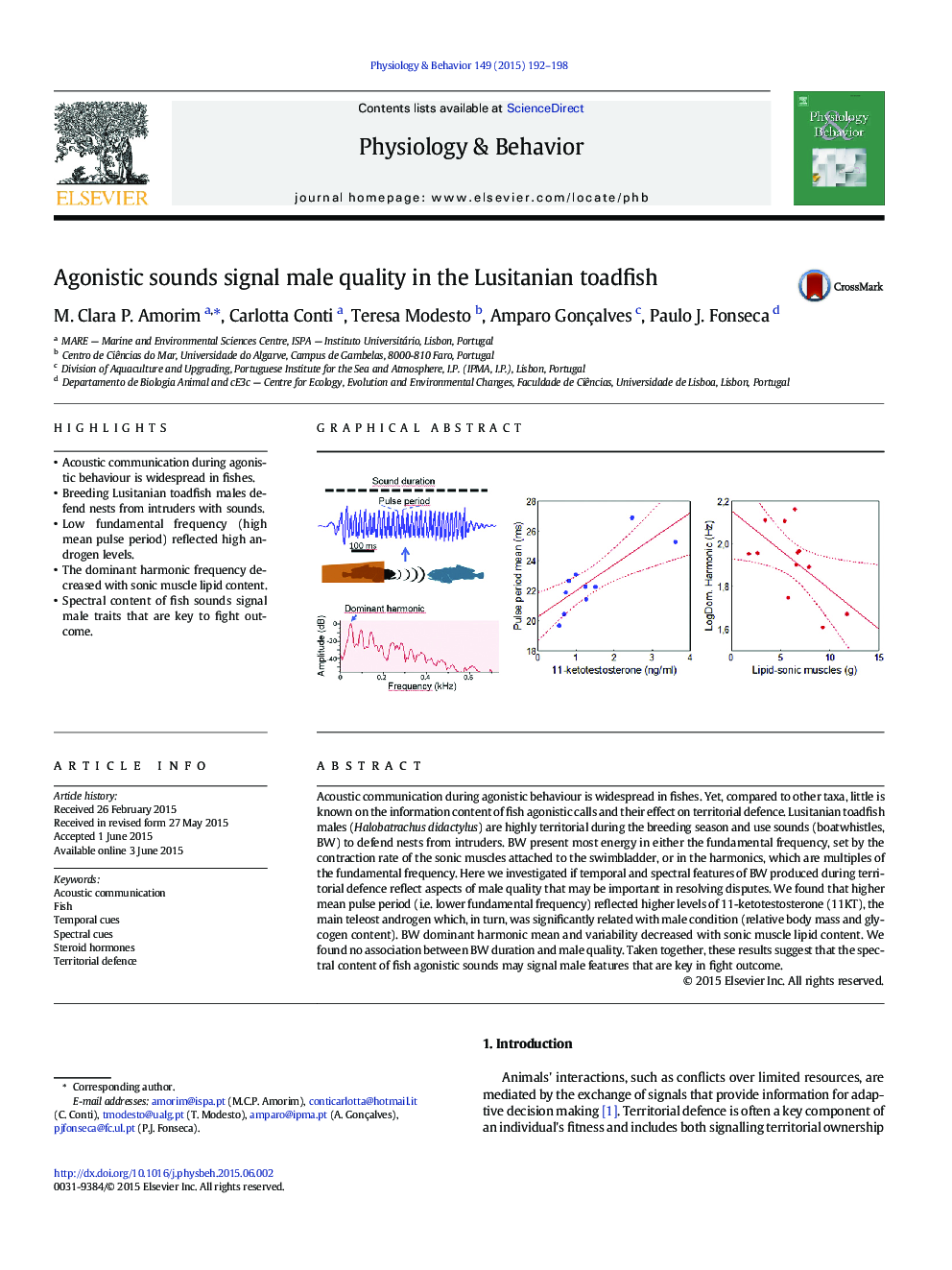 Agonistic sounds signal male quality in the Lusitanian toadfish