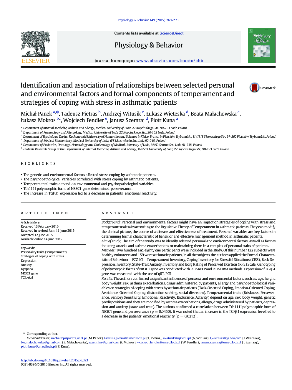 Identification and association of relationships between selected personal and environmental factors and formal components of temperament and strategies of coping with stress in asthmatic patients