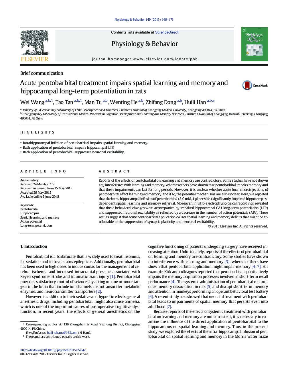 Brief communicationAcute pentobarbital treatment impairs spatial learning and memory and hippocampal long-term potentiation in rats