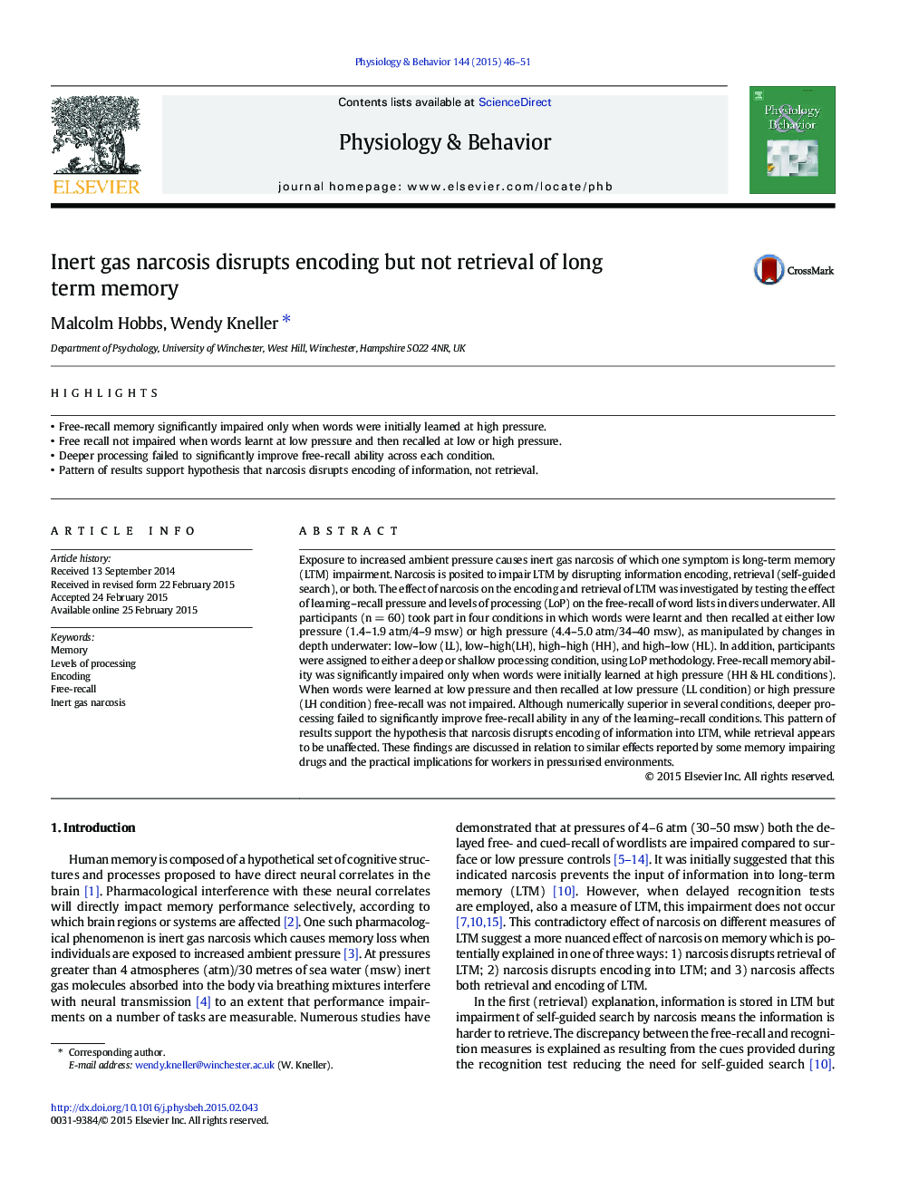 Inert gas narcosis disrupts encoding but not retrieval of long term memory