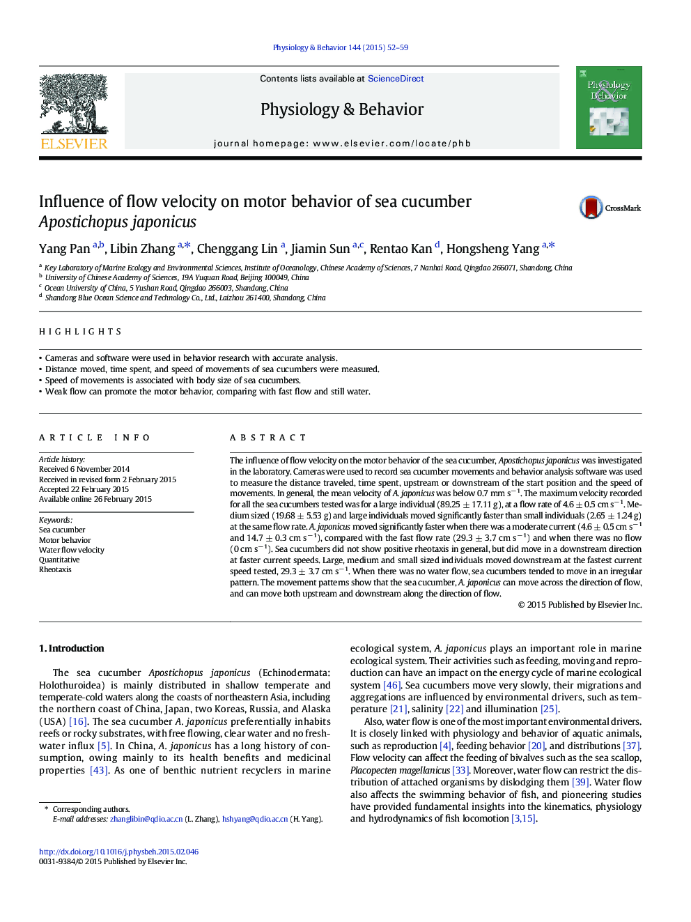 Influence of flow velocity on motor behavior of sea cucumber Apostichopus japonicus