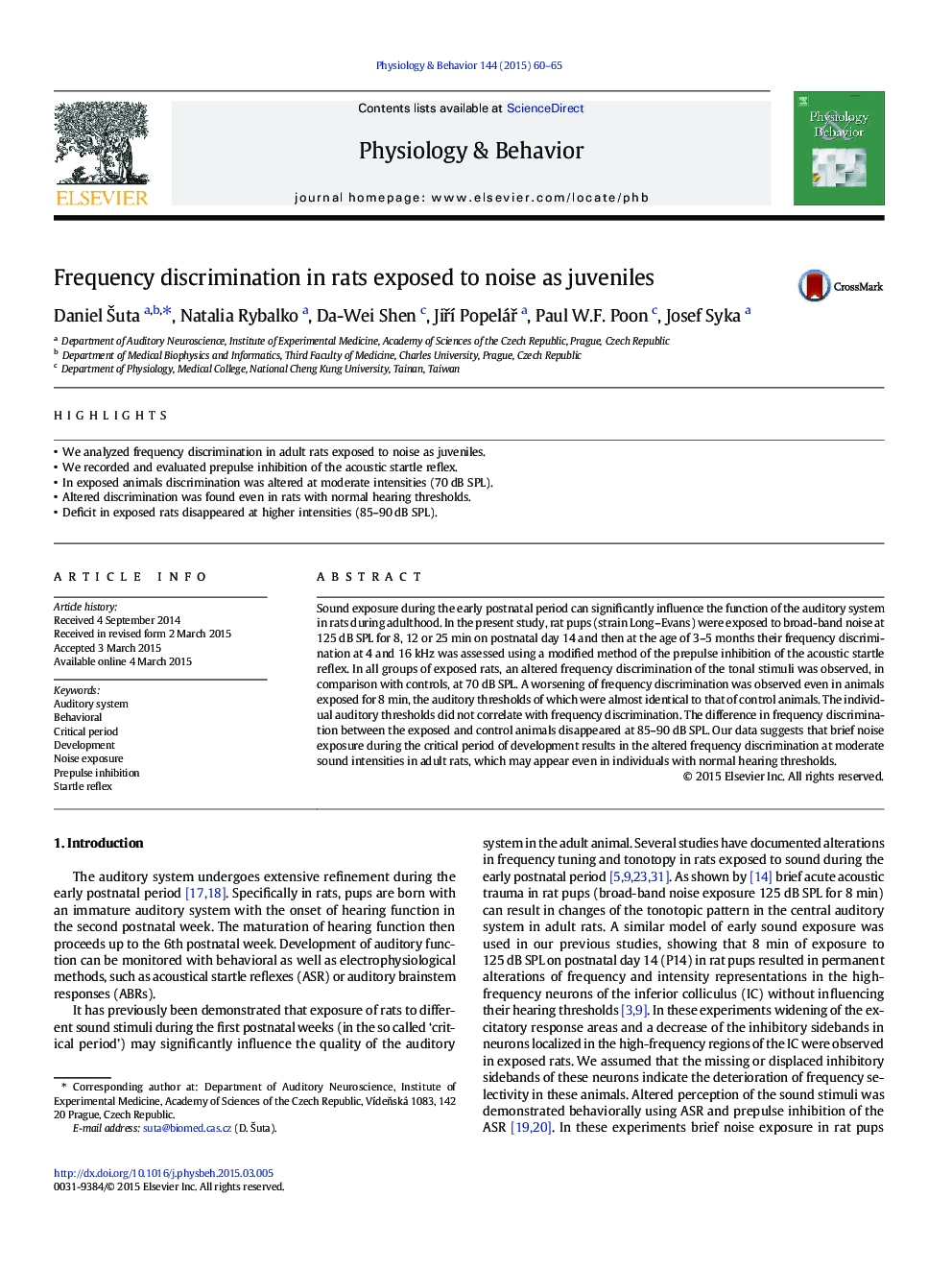 Frequency discrimination in rats exposed to noise as juveniles