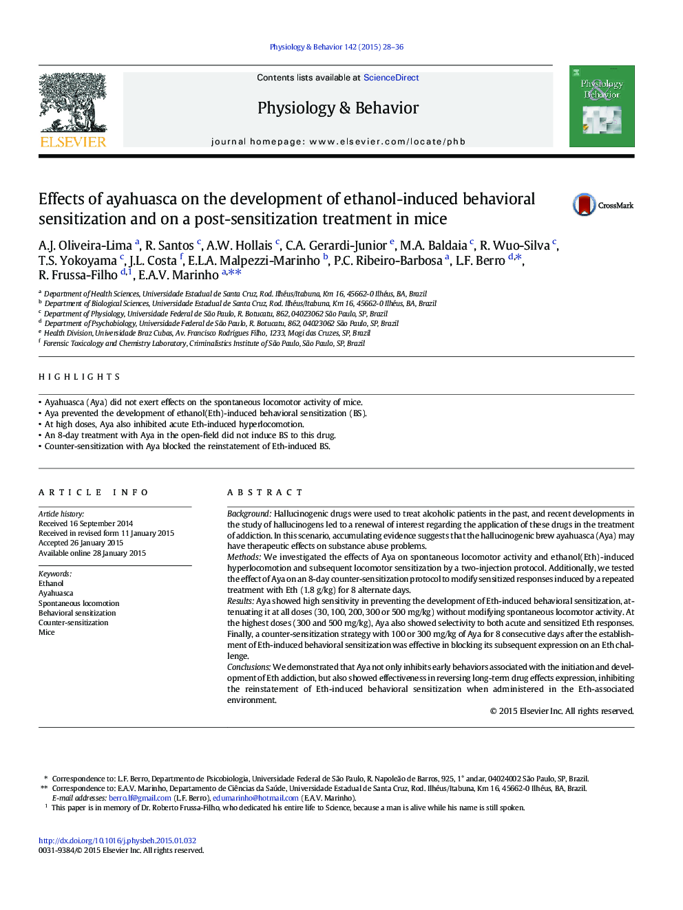 Effects of ayahuasca on the development of ethanol-induced behavioral sensitization and on a post-sensitization treatment in mice