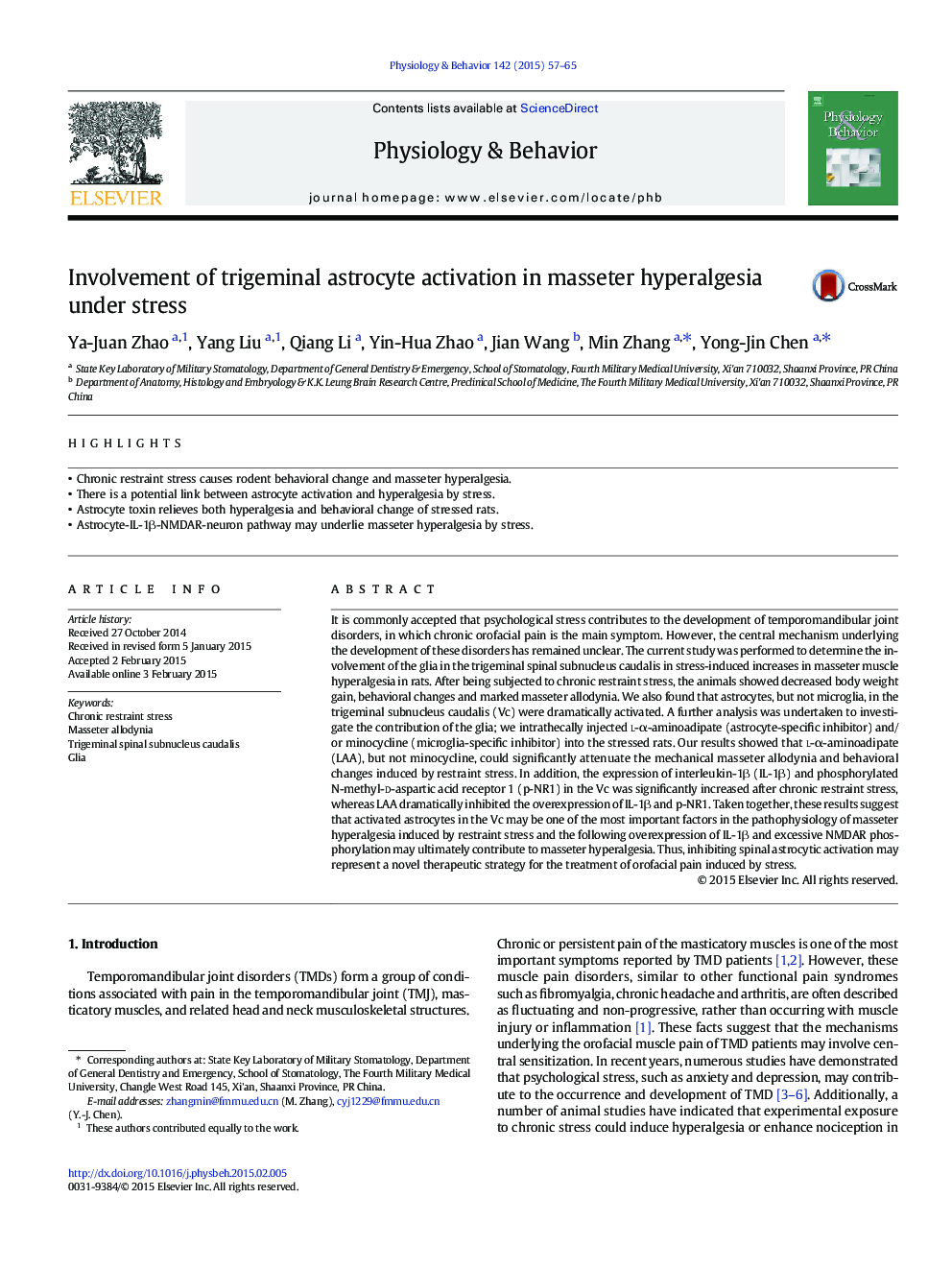 Involvement of trigeminal astrocyte activation in masseter hyperalgesia under stress