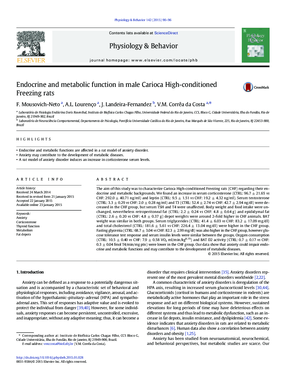 Endocrine and metabolic function in male Carioca High-conditioned Freezing rats