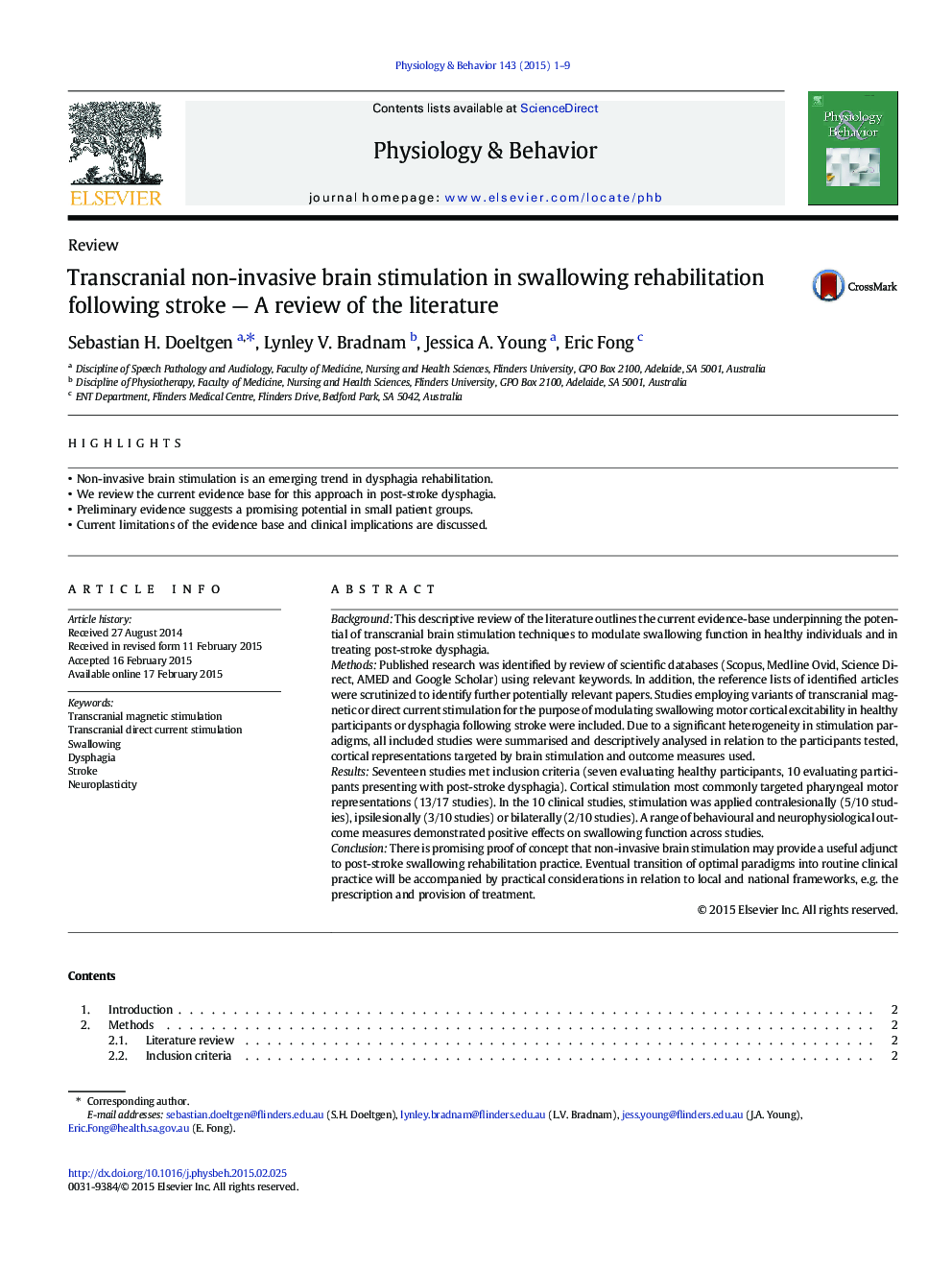 Transcranial non-invasive brain stimulation in swallowing rehabilitation following stroke - A review of the literature