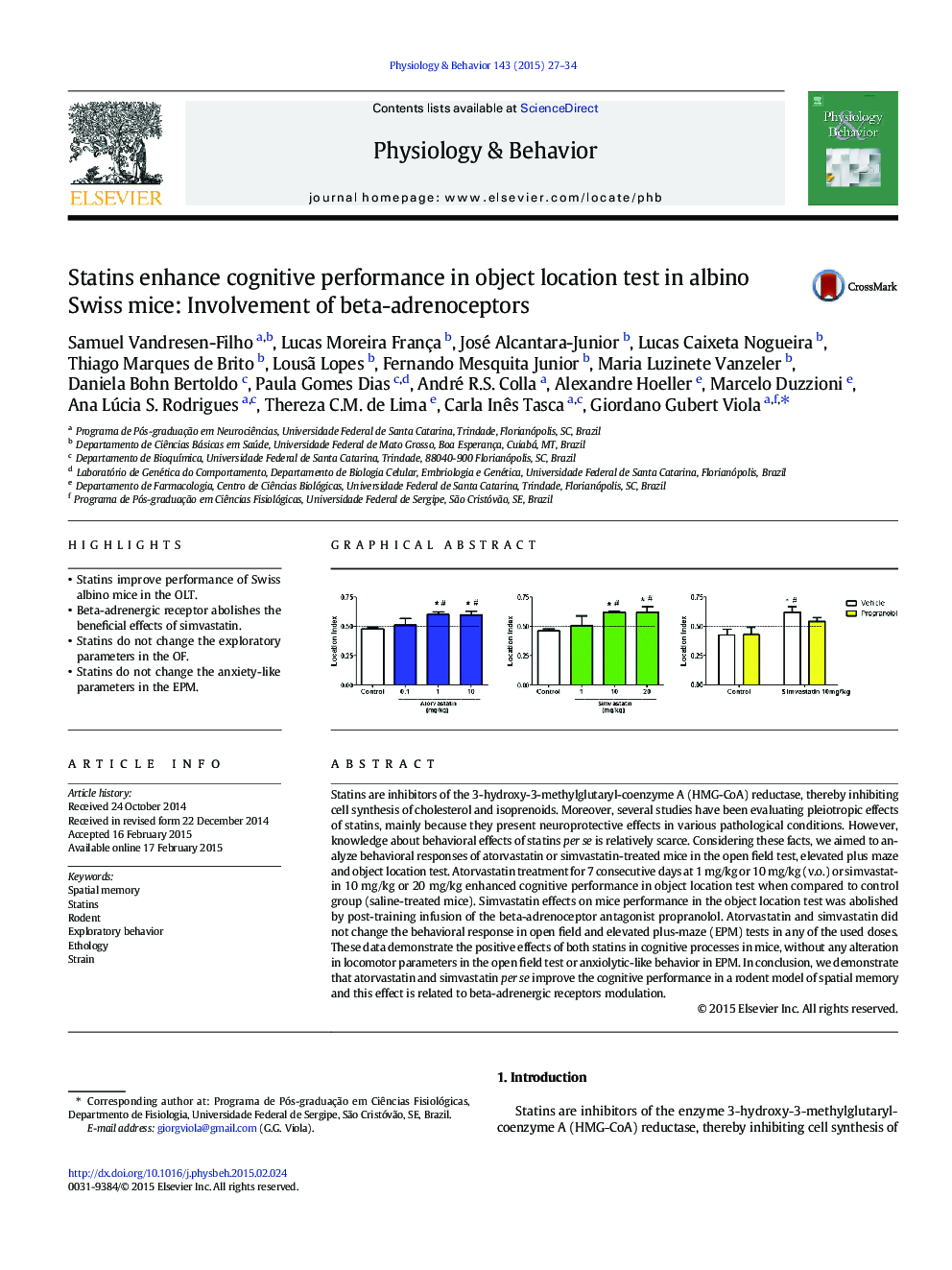 Statins enhance cognitive performance in object location test in albino Swiss mice: Involvement of beta-adrenoceptors