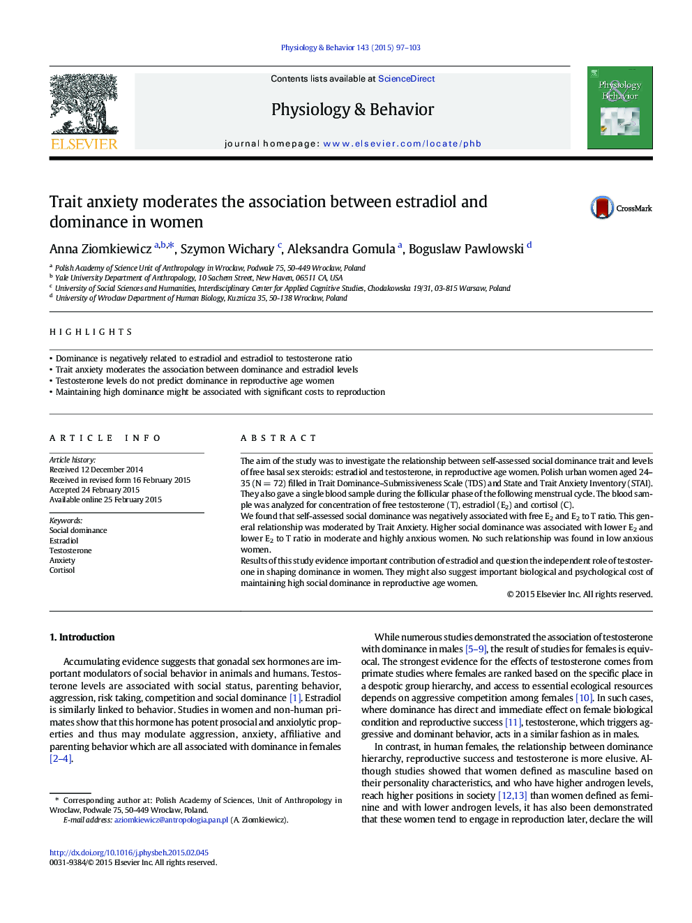 Trait anxiety moderates the association between estradiol and dominance in women