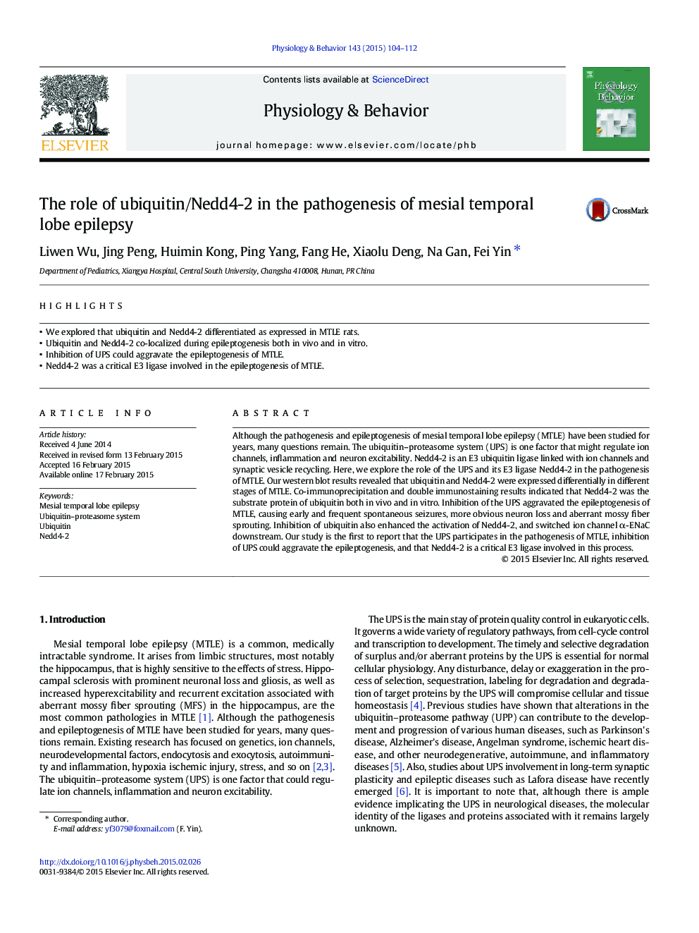 The role of ubiquitin/Nedd4-2 in the pathogenesis of mesial temporal lobe epilepsy