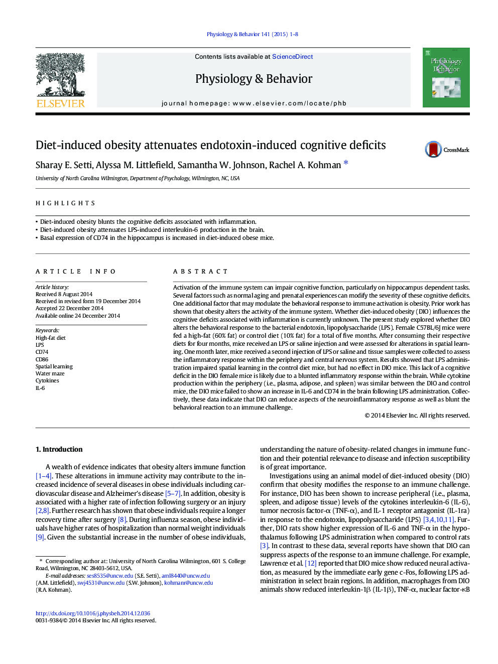 Diet-induced obesity attenuates endotoxin-induced cognitive deficits