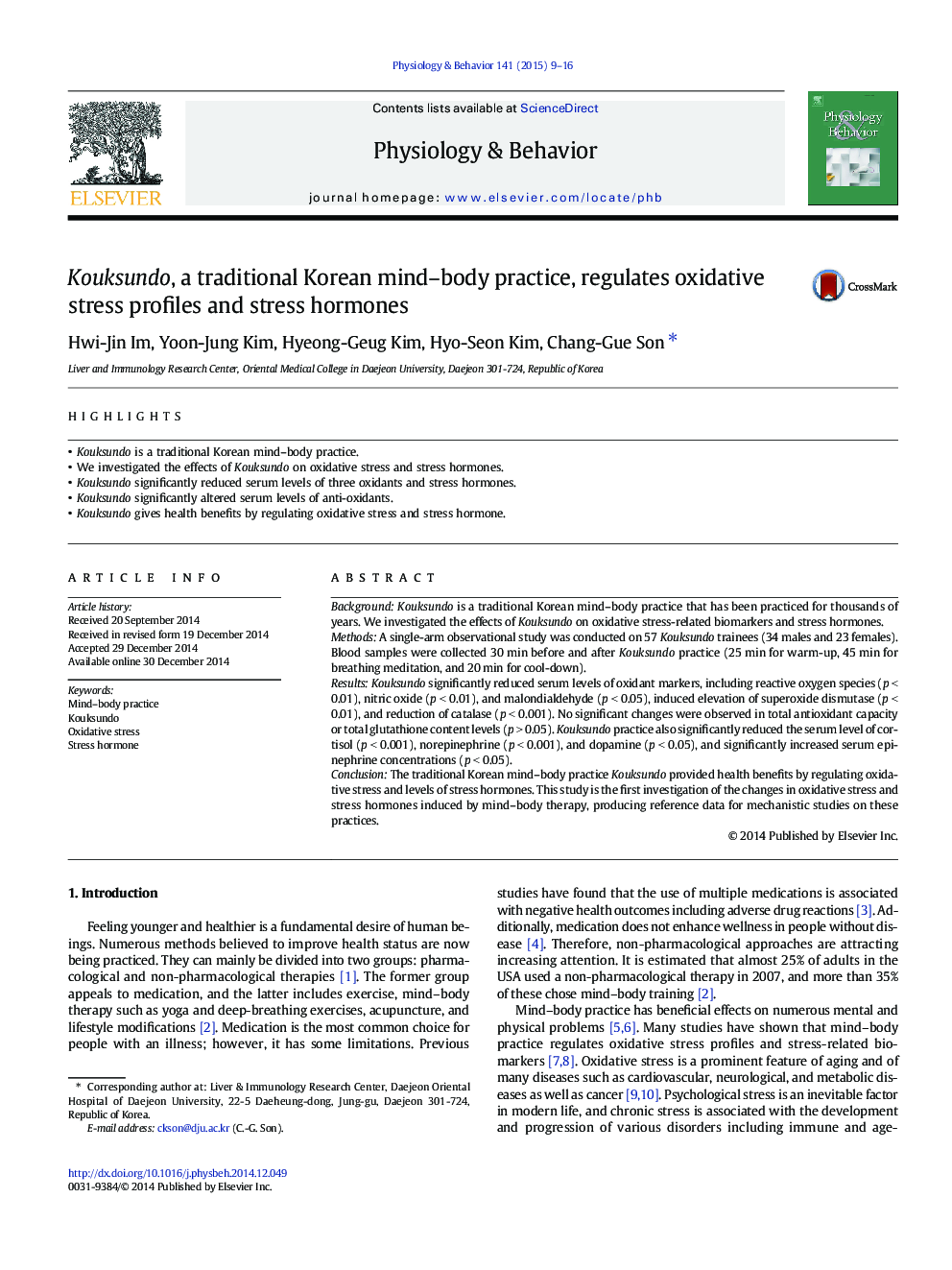 Kouksundo, a traditional Korean mind-body practice, regulates oxidative stress profiles and stress hormones