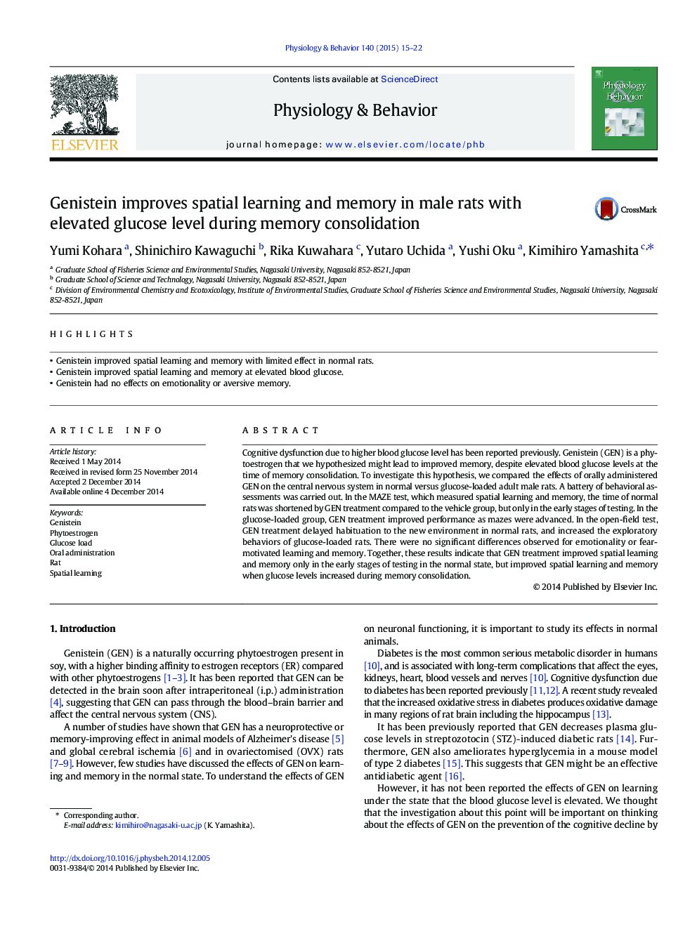 Genistein improves spatial learning and memory in male rats with elevated glucose level during memory consolidation