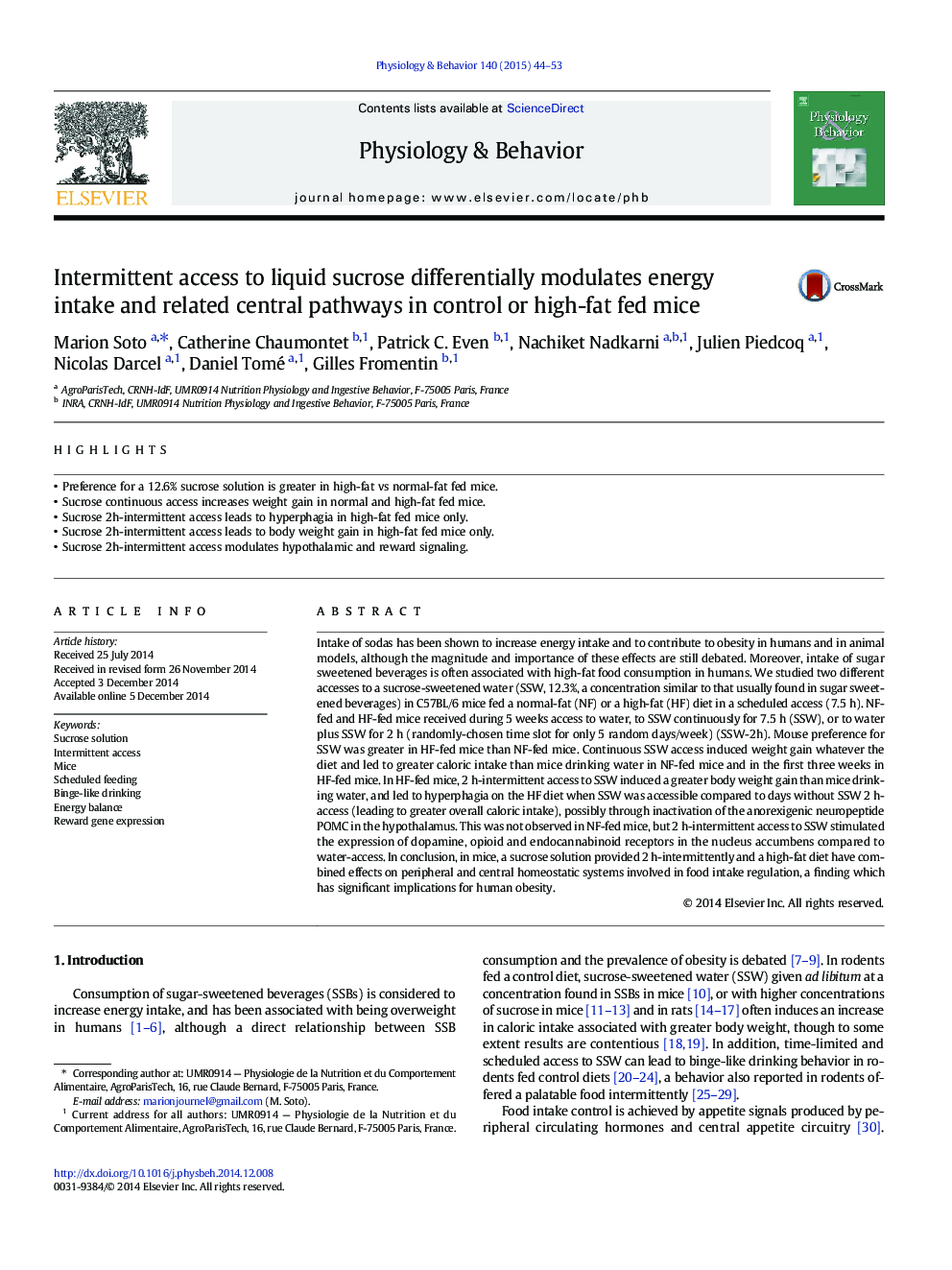 Intermittent access to liquid sucrose differentially modulates energy intake and related central pathways in control or high-fat fed mice