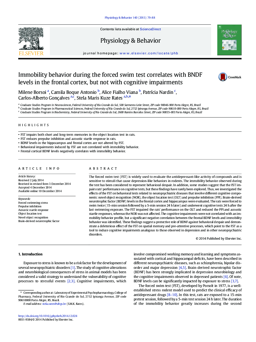 Immobility behavior during the forced swim test correlates with BNDF levels in the frontal cortex, but not with cognitive impairments