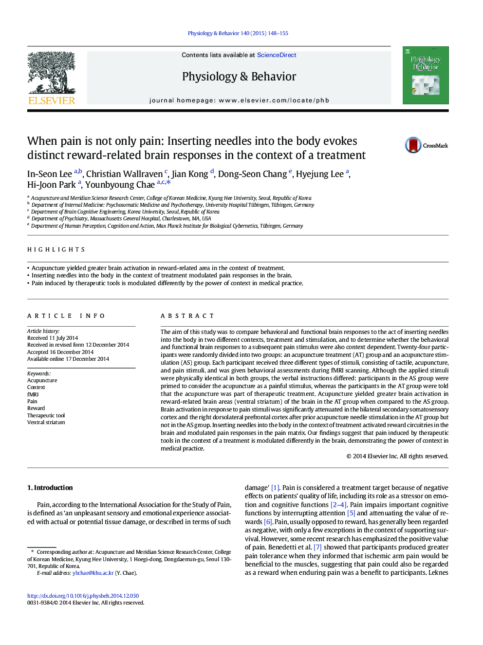 When pain is not only pain: Inserting needles into the body evokes distinct reward-related brain responses in the context of a treatment