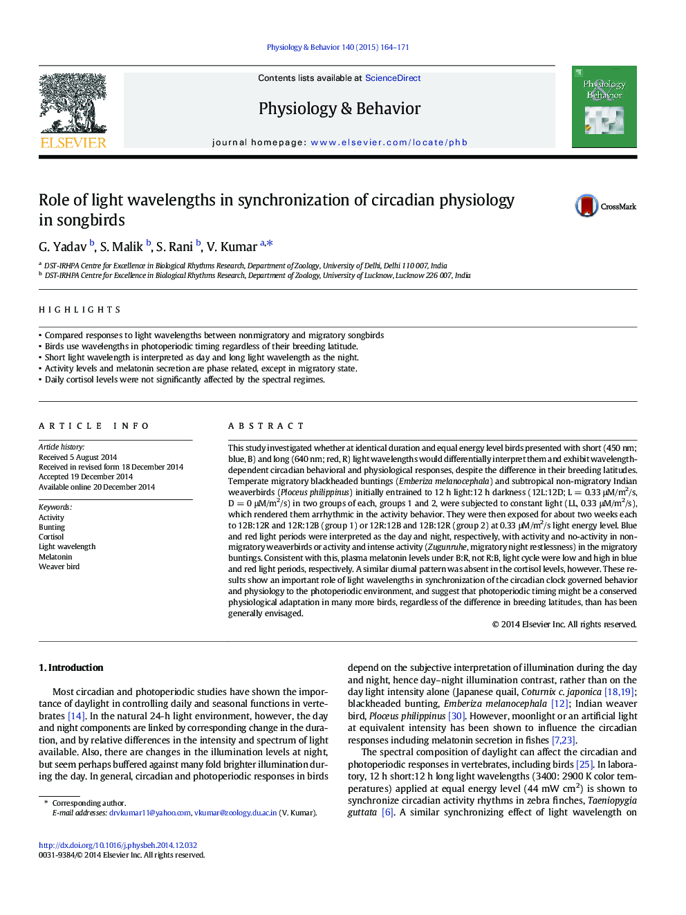 Role of light wavelengths in synchronization of circadian physiology in songbirds