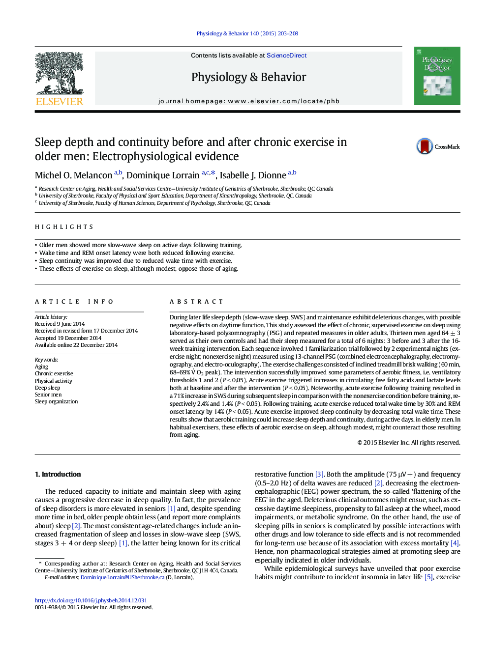 Sleep depth and continuity before and after chronic exercise in older men: Electrophysiological evidence